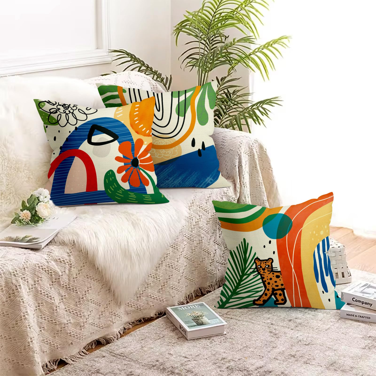 Federe per Cuscini Divano 50x50 set da 4 Boho Fiore Minimalista Federa Copri Cuscino Moderno Arte Foglia Boemo Federe Confezione Copricuscini Quadrati per Casa Divano
