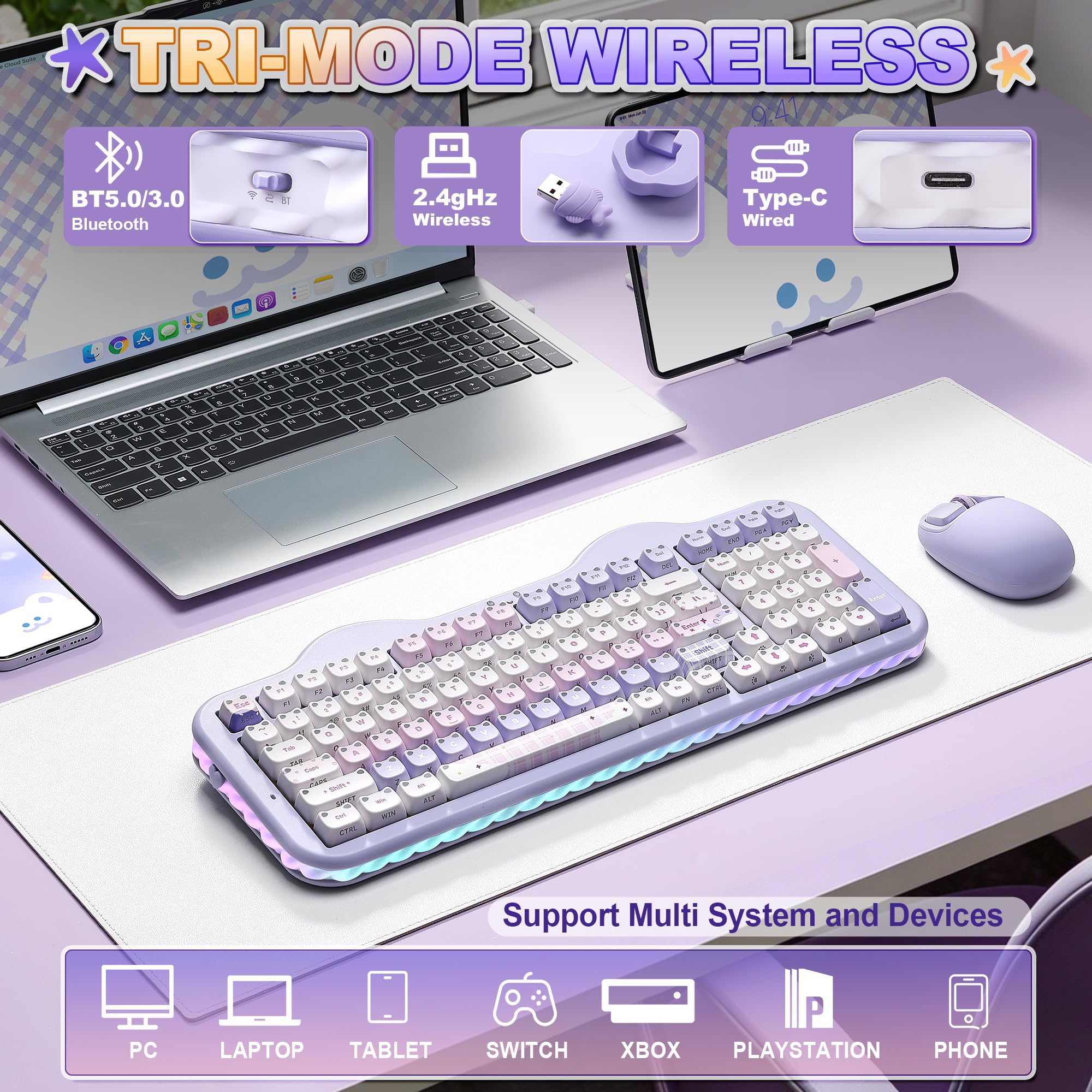 YUNZII C98 Teclado Mecánico Inalámbrico con Teclado Numérico, Teclas Mao Transparentes, 98 Teclas BT5.0/2.4G/USB-C, Montaje Gasket, RGB Personalizable, US-QWERTY Layout (Purple, Candy-Linear)