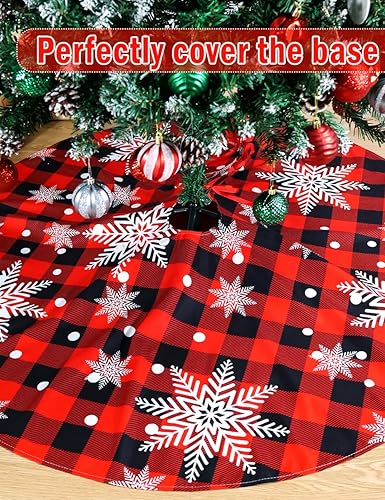 Miniatura 3 de Falda de árbol de Navidad, 48 pulgadas, falda de árbol a cuadros rojos y verdes con diseño de copo de nieve y reno, falda grande de árbol de Navidad
