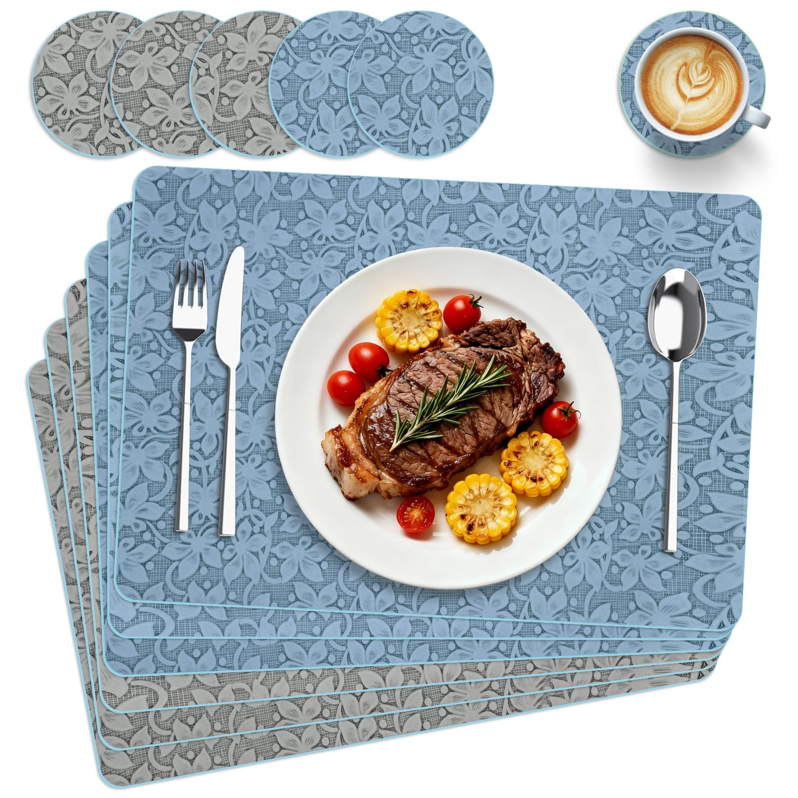 Placemats Set of 6 Leather Wipeable Washable Place Mats for Square Round Table Easy to Clean Table Mats for Kitchen Patio Indoor Outdoor, Blue Leather Place Mat