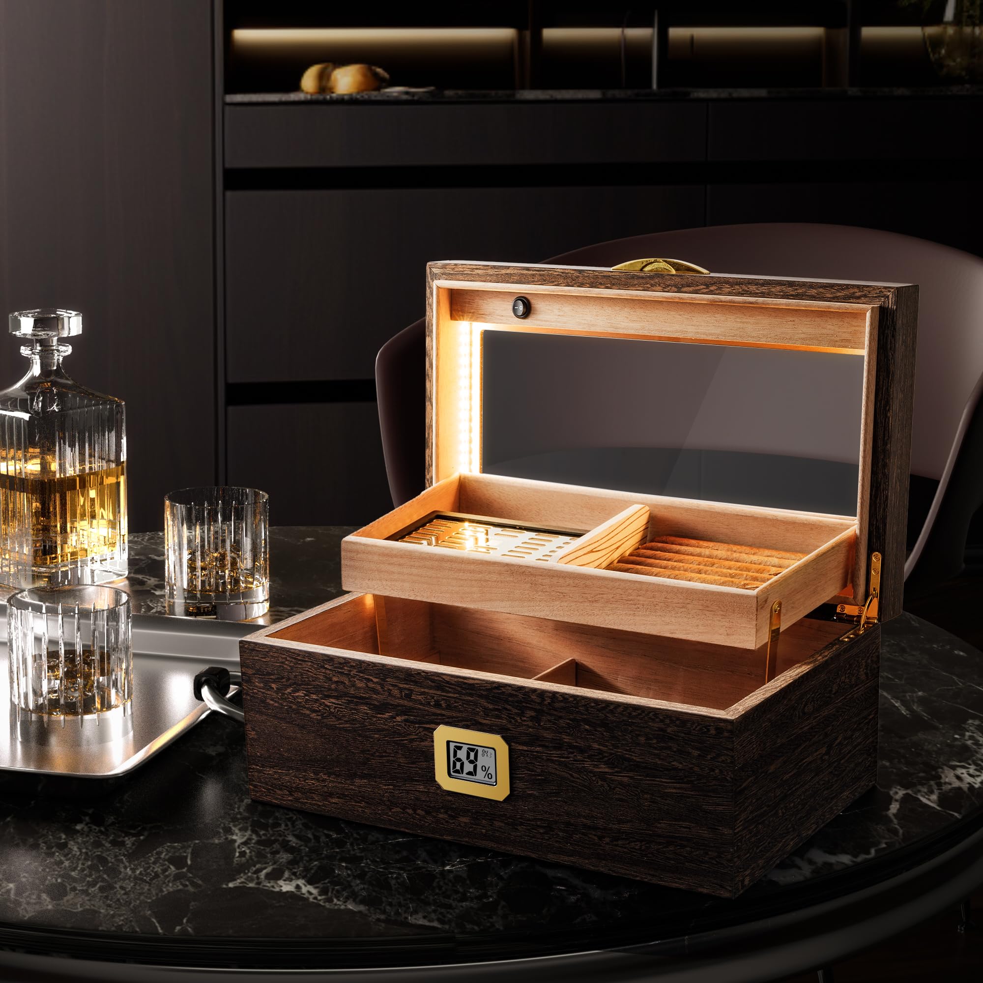 Woodronic Zigarren Humidor Box mit LED Beleuchtung für 50-100 Zigarren Desktop Zigarrenhalter mit Digital Hygrometer Luftbefeuchter Humidor Lösung Spanische Zedernfutter Tablett und Trennwände