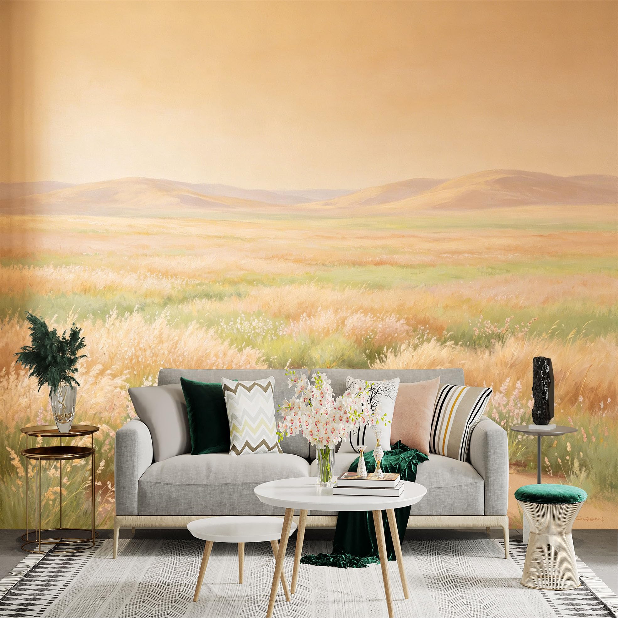Lnzczhyre Dbh260521672 Custom Size Wall Sticker Mural， Golden Prairie Landscape， Wildflower Meadow， Sunset Horizon， Warm Toned Nature Scenery， For Wall Decoration， Peelandstick Wall Decals.