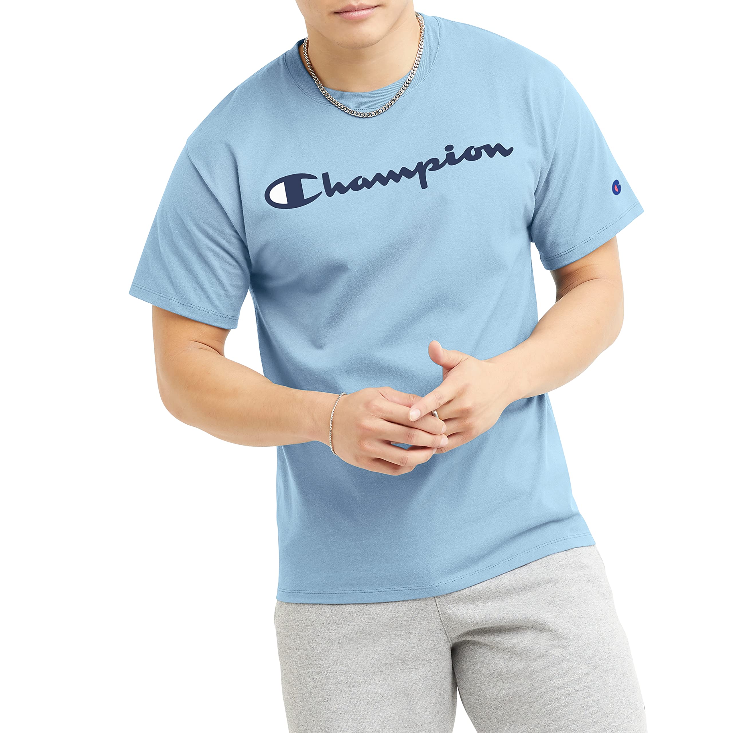 Champion, Cotton Midweight Crewneck Tee, T-Shirt for Men, or Big  Tall), Refine Sky Blue Script, Small