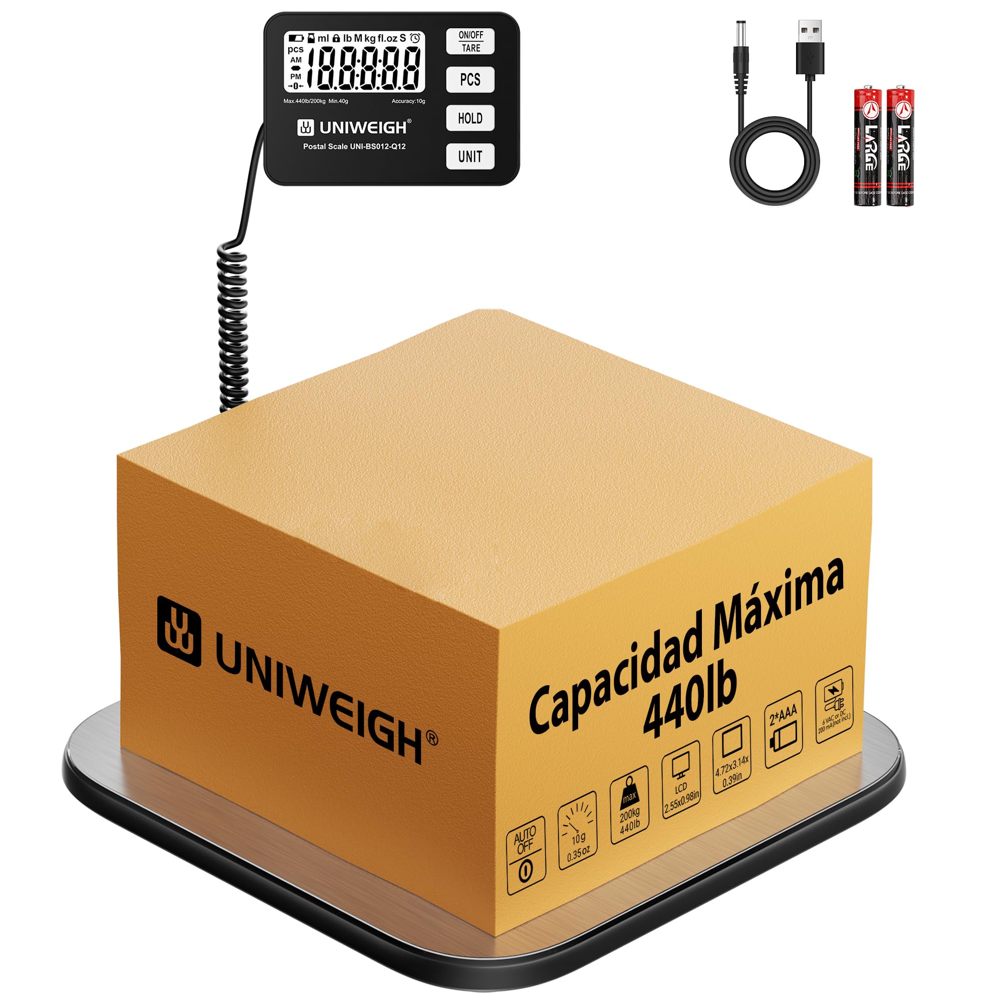 UNIWEIGH Báscula para paquetes 200 kg/10 g de precisión, báscula digital de cartas para paquetes con función PCS/retención/tara, báscula de plataforma para pequeñas empresas, equipaje, uso doméstico