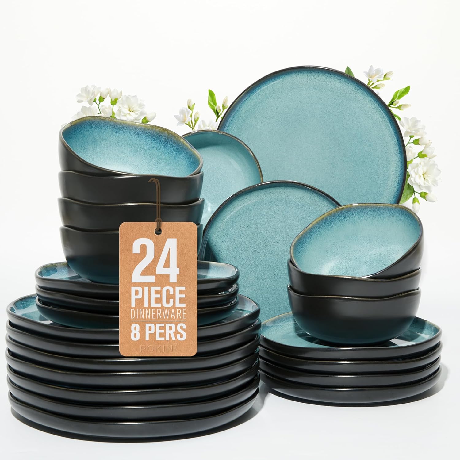 24 Piece Stoneware Dinnerware Set for 8, Reactive Glaze Plates and Bowls Sets | Designed for Holiday Dinners, Thanksgiving, Party Hosting | Durable Irregular Coastal Design, Green Black