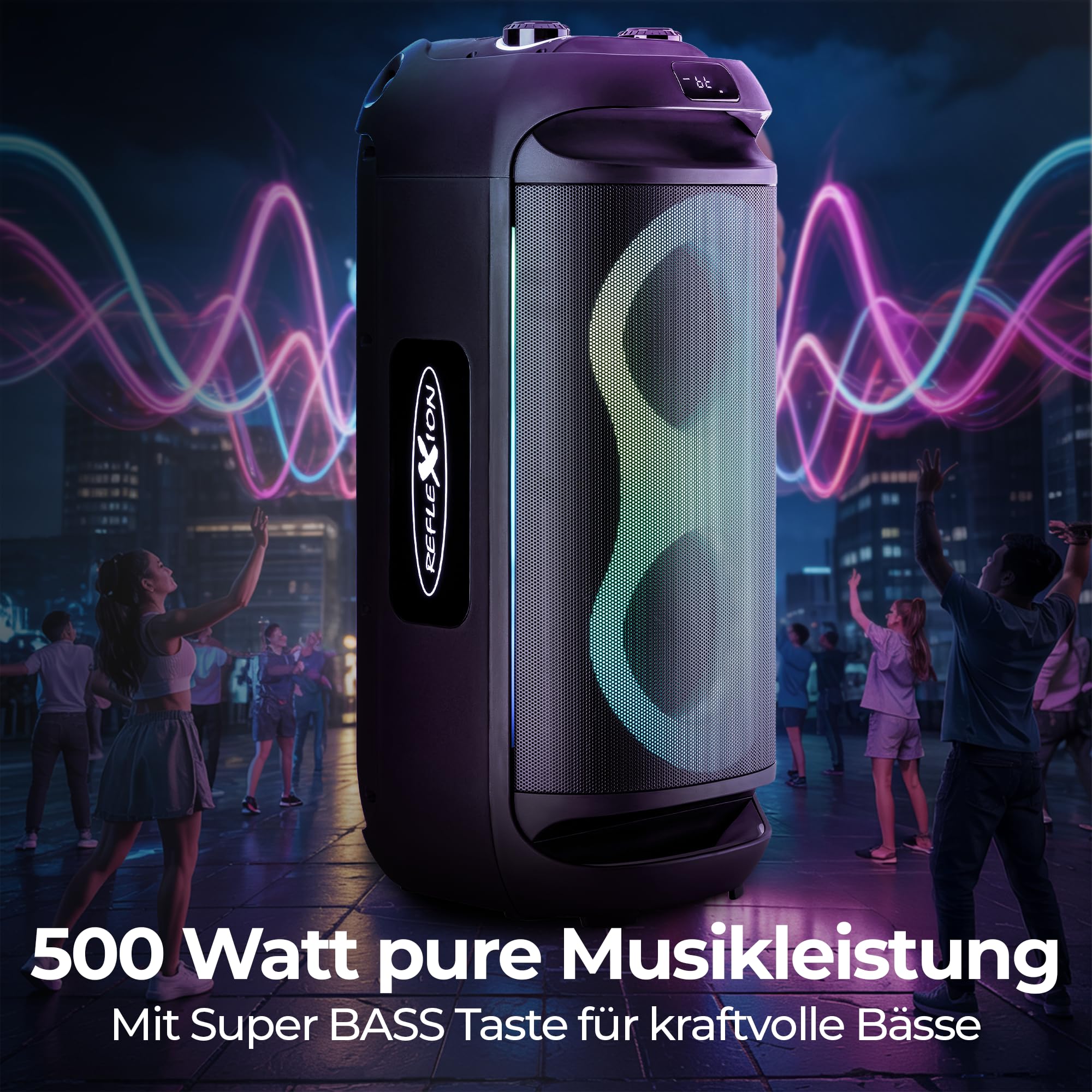 REFLEXION PSX40BT - Altoparlante mobile Bluetooth per DJ, karaoke, 500 W, radio stereo FM PLL, illuminazione da discoteca con modalità di scelta, microfono e batteria al litio