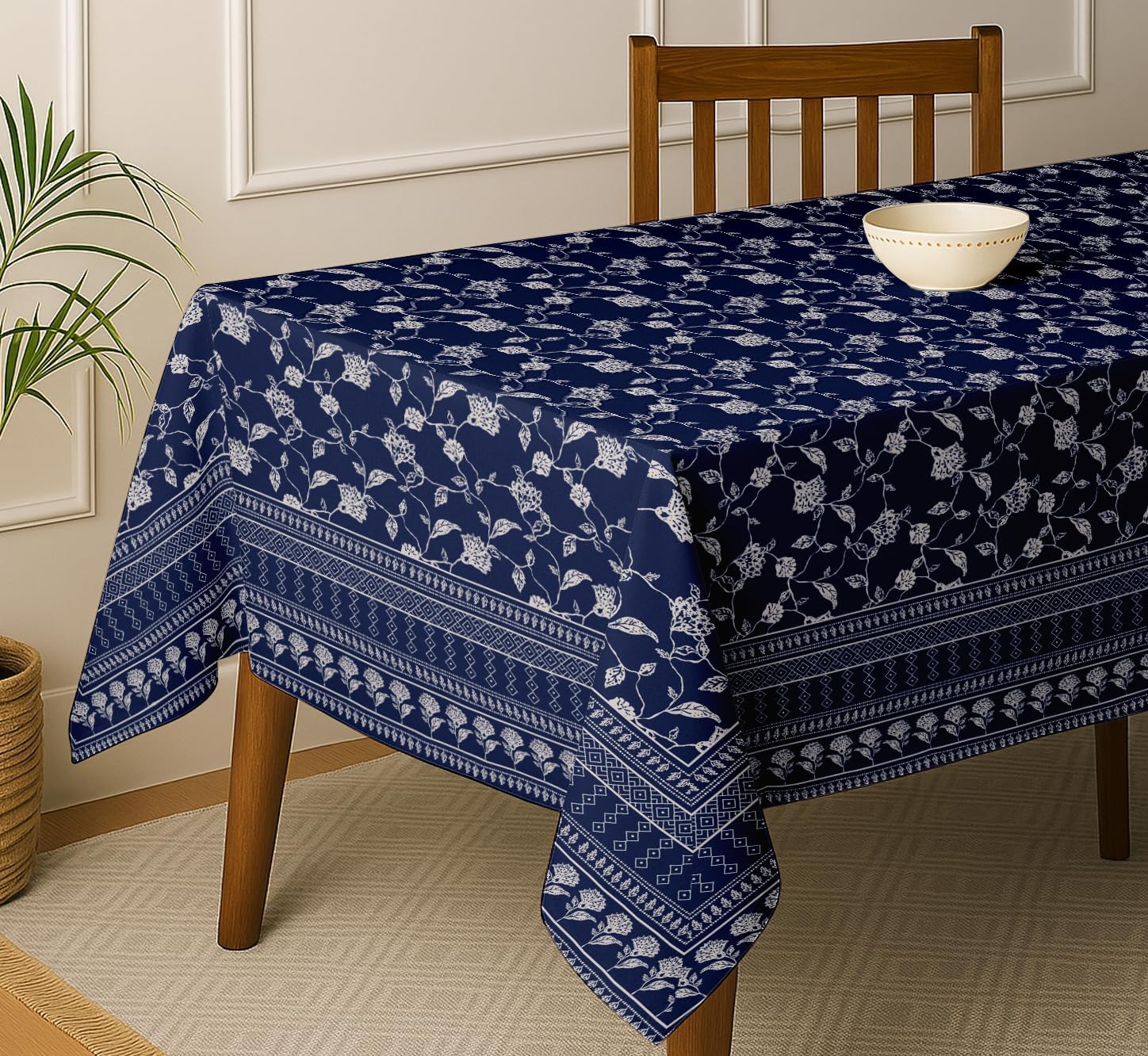 Leaves Design Tablecloth- Blue 60x60 Inch Cotton Twill Dining Table Cover, Perfect for 4 Seater Tables, Durable, Protective & Washable, Ideal for Everyday Use, Festive Occasions & Gatherings