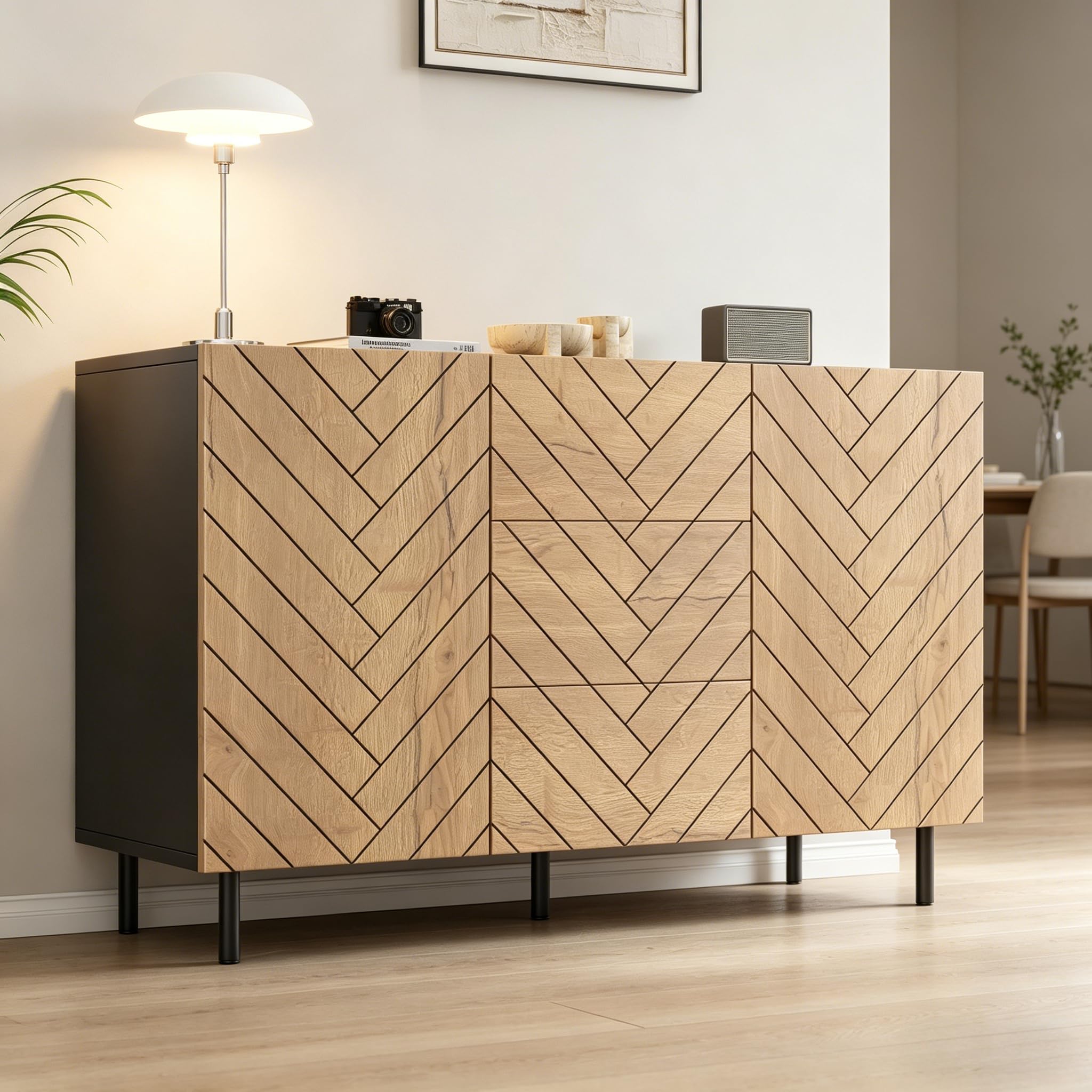 REXO Credenza 120 × 40 × 76 cm, truciolato, moderno, con 3 cassetti e 2 armadi, per soggiorno, armadietti, legno naturale