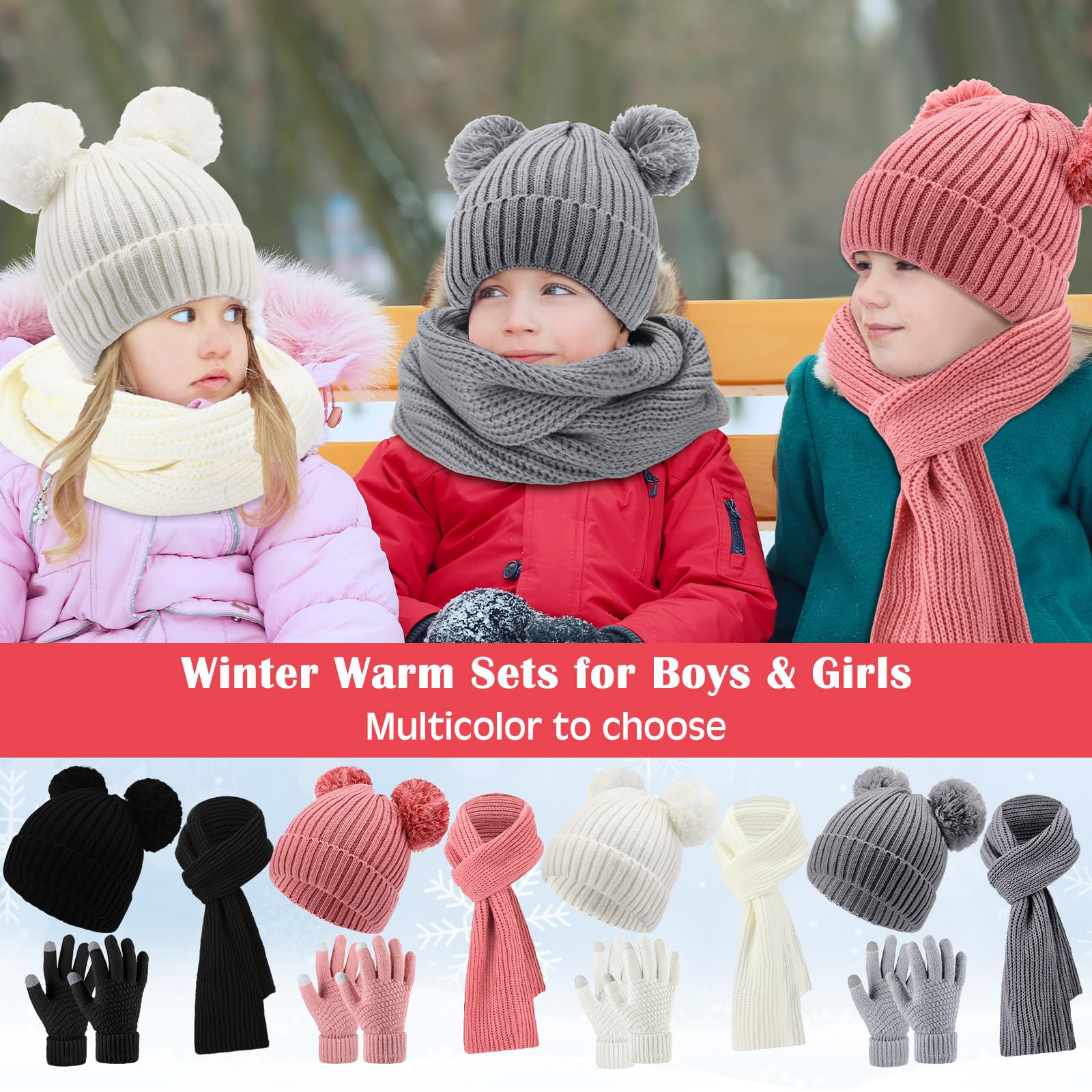 Geyoga - 12 Stück Kinder-Winterhandschuhe 1–6 Jahre alte Jungen Mädchen Strickmütze mit Pompons Nackenwärmer