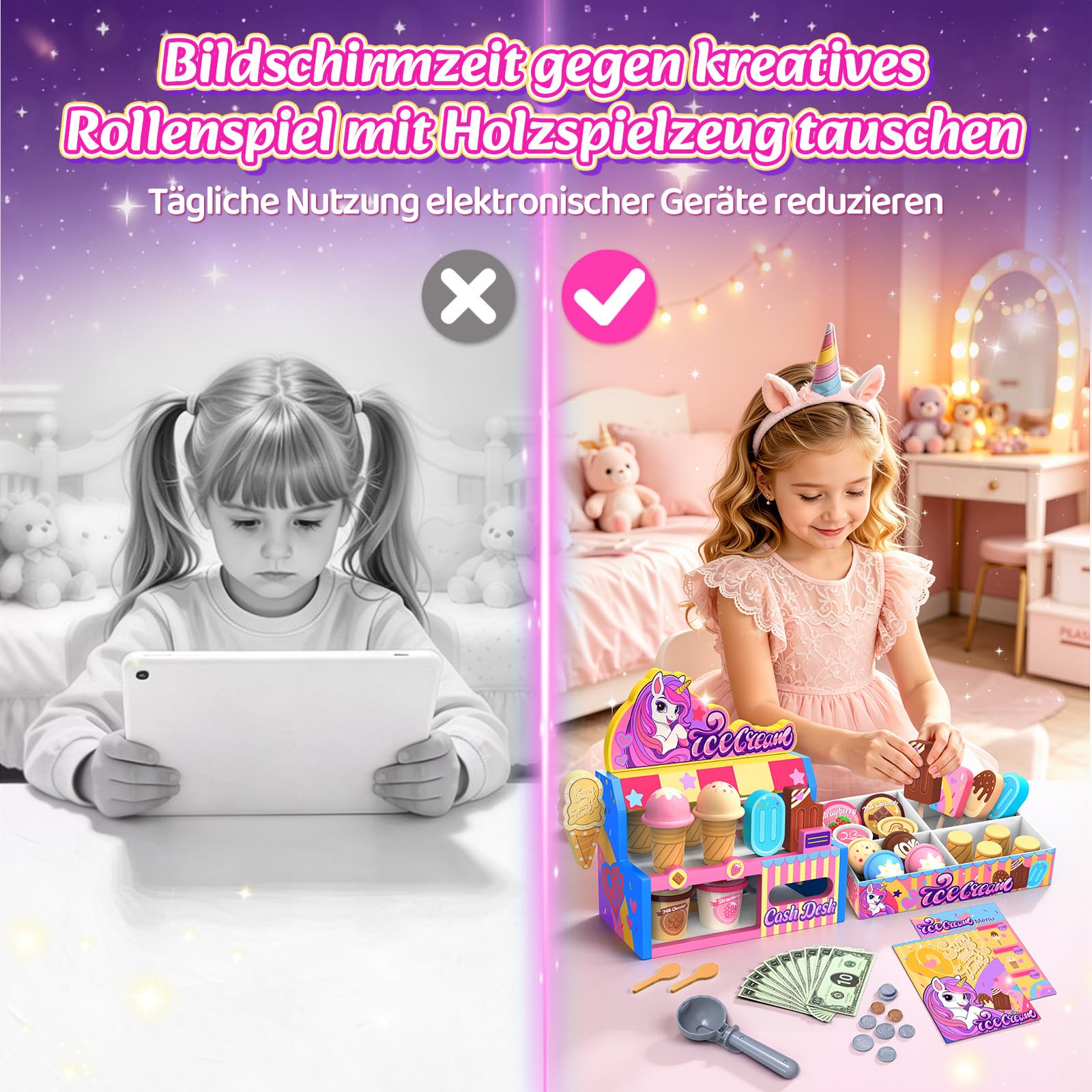 Einhorn Eisdiele Kinder Holz,Eiswagen Spielzeug für Mädchen 3 4 5 6 7 8 9 10 11 12 Jahre,Eiscreme Rollenspiel Set mit Eistheke,Speisekarte,Eisportionierer & Spielgeld,Geschenk für Mädchen 3-12 Jahre