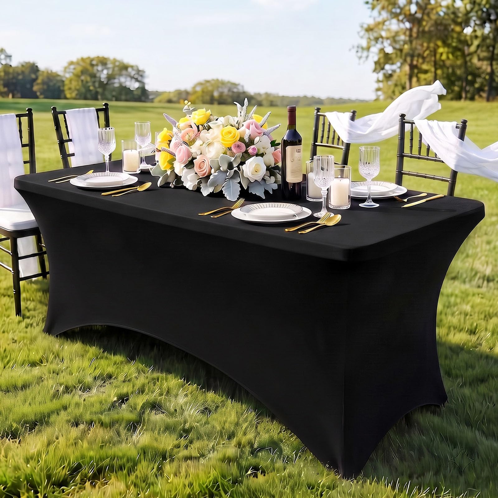 FAVE Lot de 6 Nappes Extensibles Noir pour Table Rectangulaire 183 cm