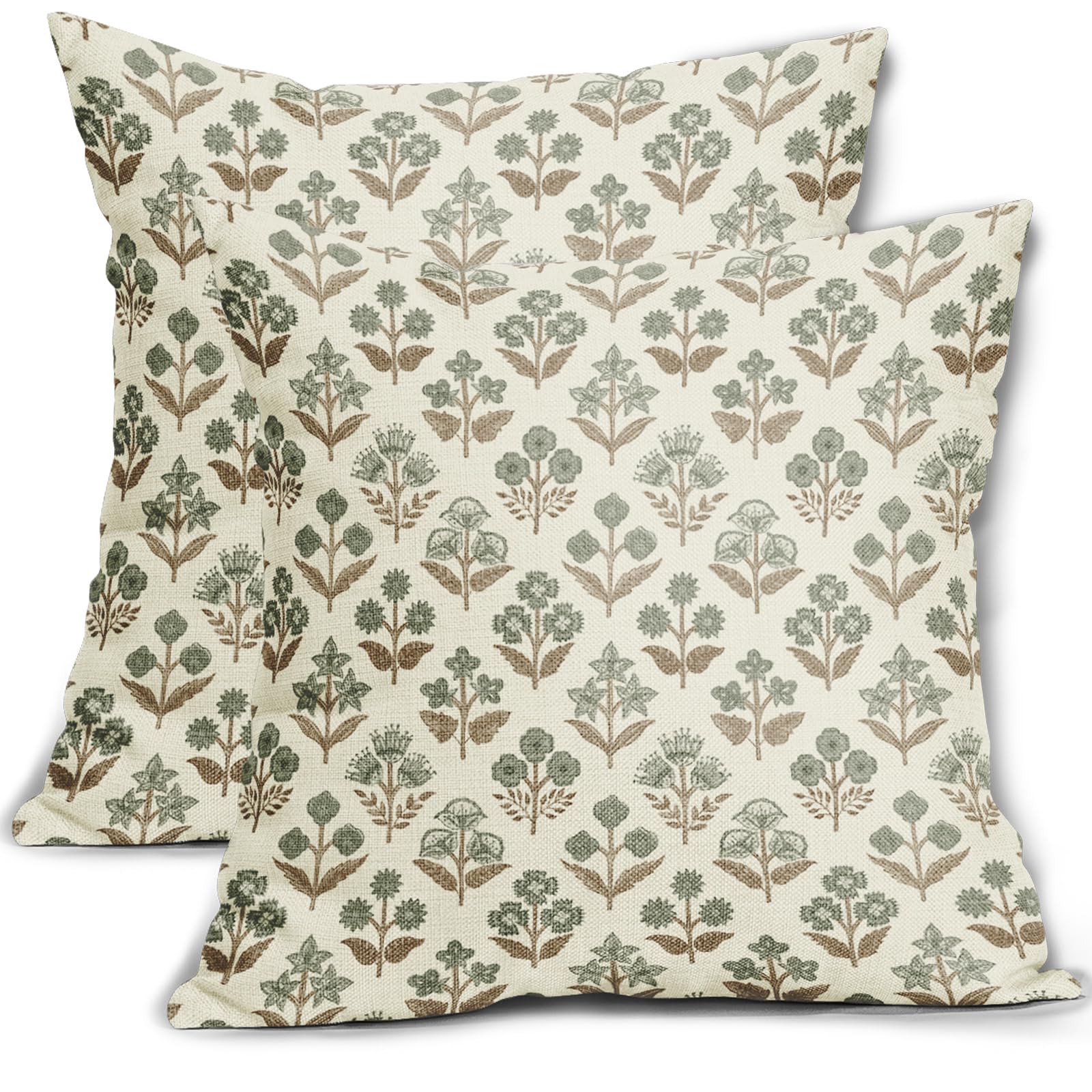 Brown Green Floral Block Print Pillow Covers 18x18 Inch Set of 2, Vintage Flower Pattern Decorative Throw Pillowcases Outdoor Farmhouse Cushion Covers