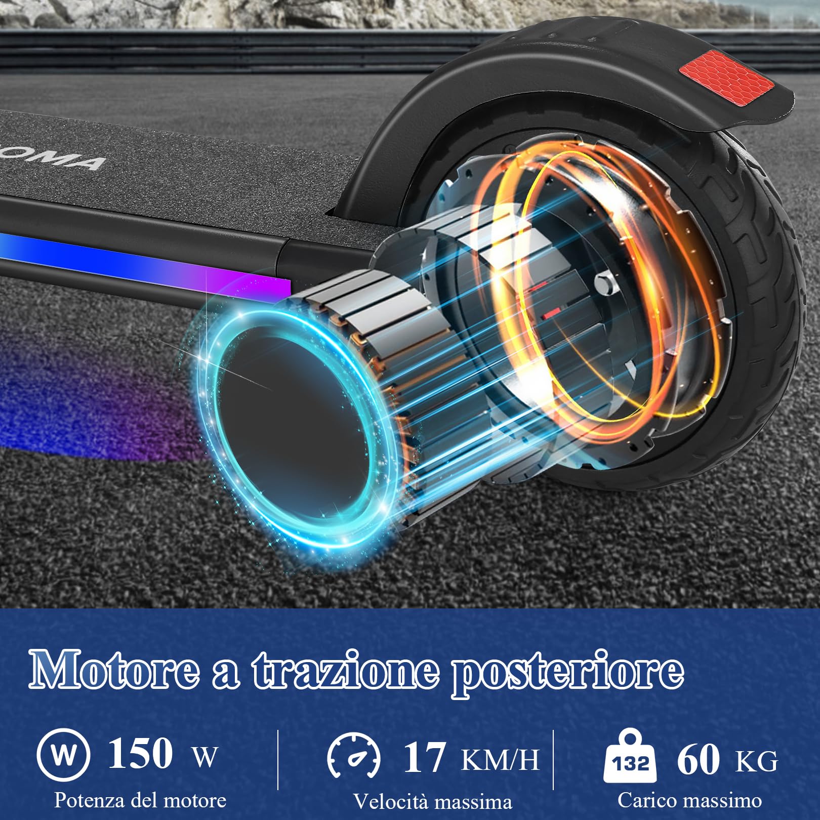 Caroma Monopattino elettrico per Bambini dai 8 ai 12 anni, Motore da 150W, 17 km/h, 80 Minuti di Autonomia, Velocità E altezza Regolabili, Luci Colorate, Display a LED, Ragazzi