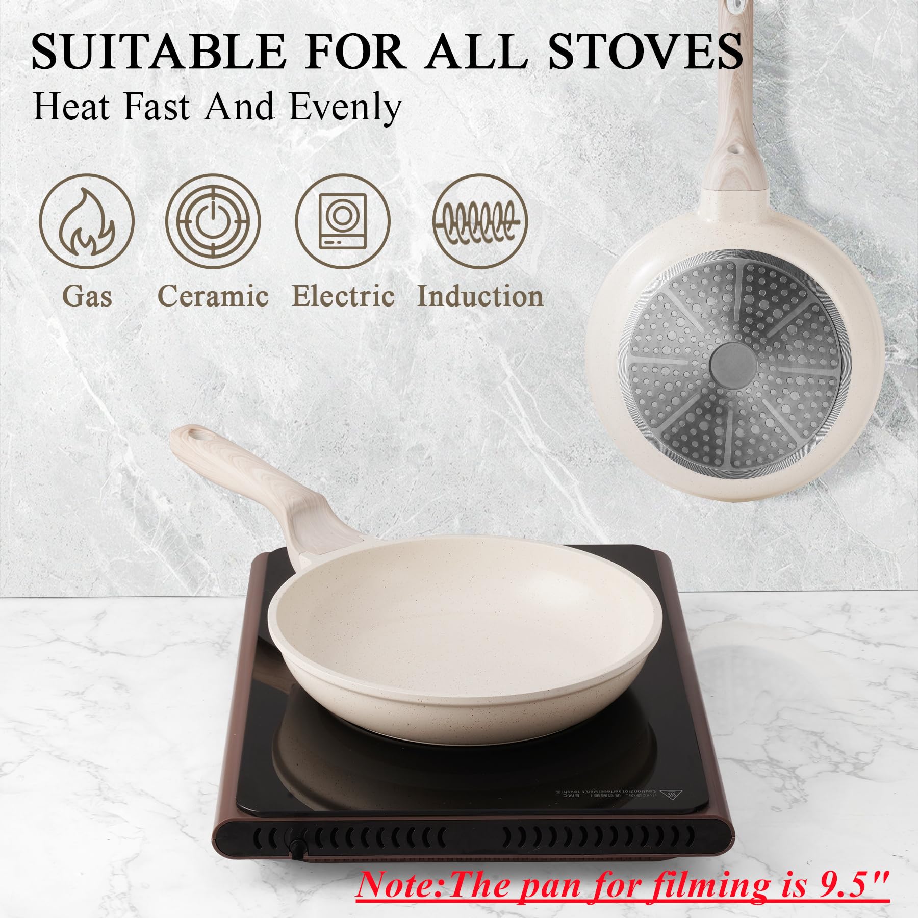 Sartén antiadherente de cerámica de inducción, sartén ligera, saludable y no tóxica, sartén para huevos compatible con todas las estufas (blanco, 8 pulgadas) 3