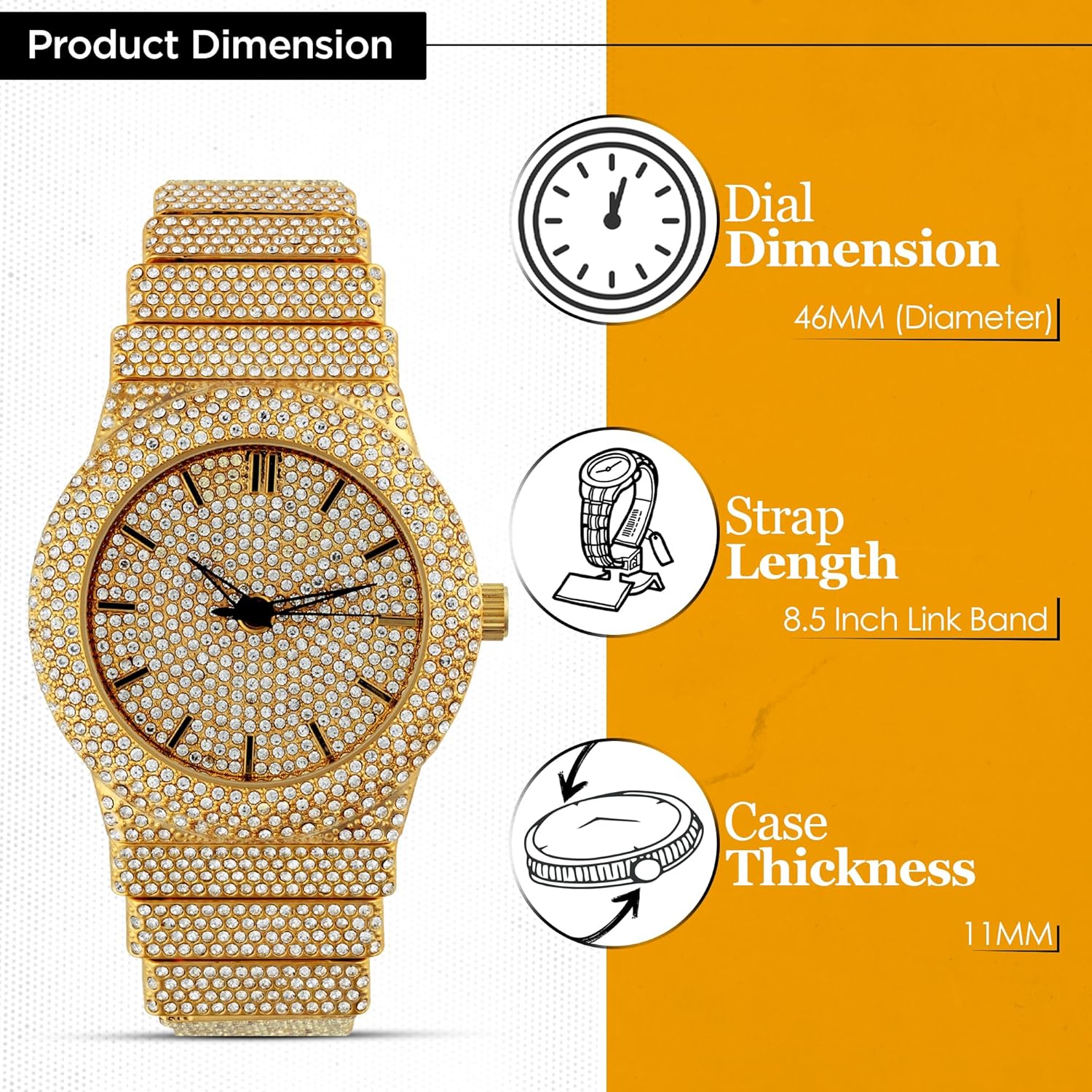Men's Hip Hop Fashion Gold Plated Iced Bling Out Heavy Dial Luxury Rectangle Case Roman Numerals Quartz Analog Watch, Matching CZ Diamond Matching Bracelet Set, Gift Box