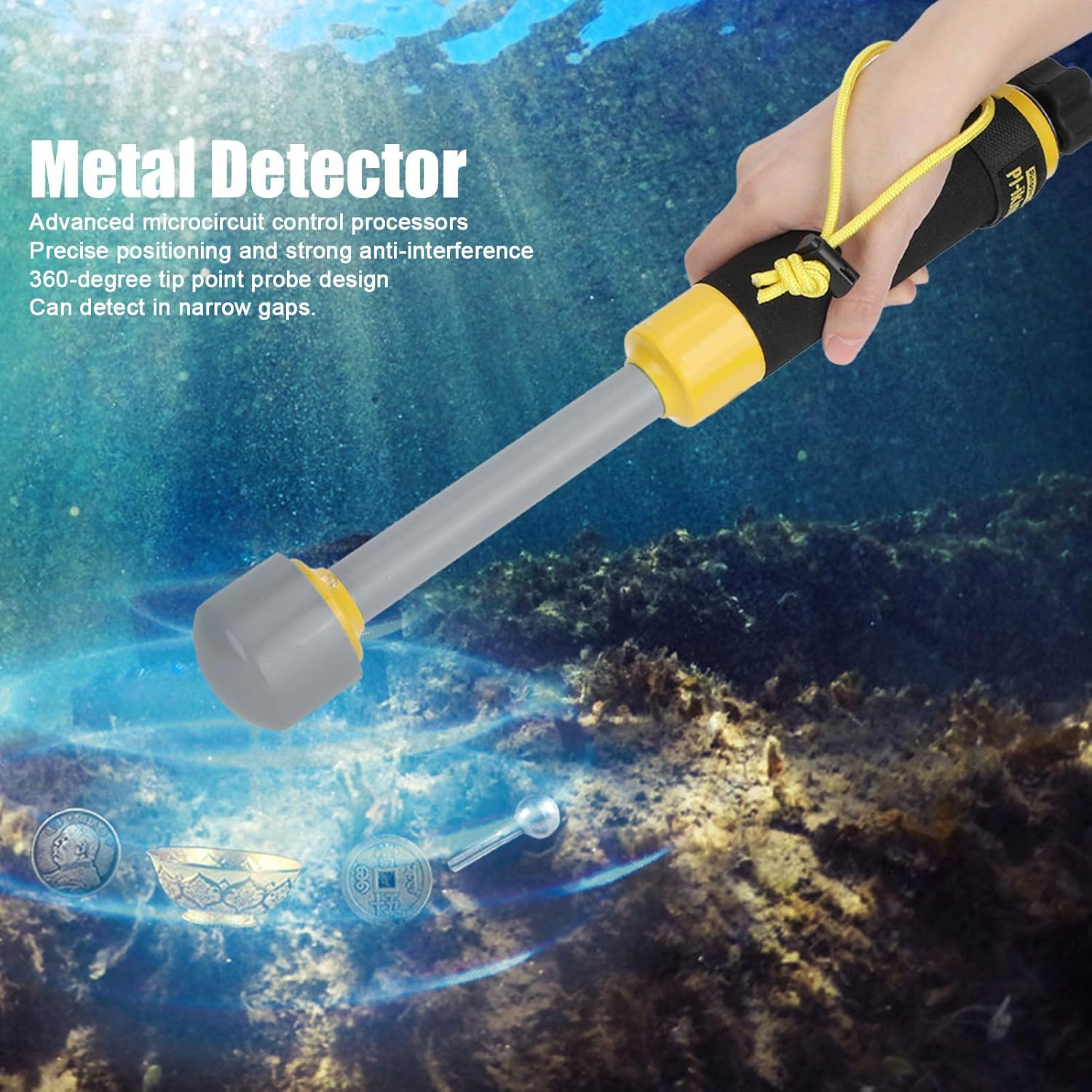 Waterproof Handheld Pulse Induction Metal Detector, IP68 Underwater Pinpointer Probe 30m with Vibration & LED Light Alarm for Scuba Diving Treasure Hunting