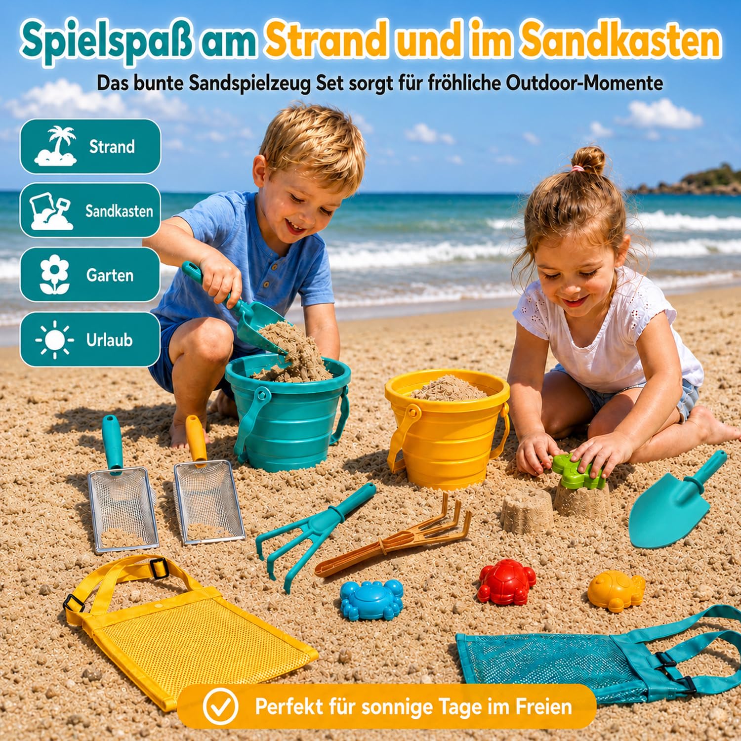 Sandspielzeug Kinder Strandspielzeug Set mit 2 faltbaren Eimern, Schaufel, Rechen, Sandsieb & Netzbeutel, 14-teiliges Sandkasten Spielzeug für Strand, Garten & Urlaub ab 3 Jahren