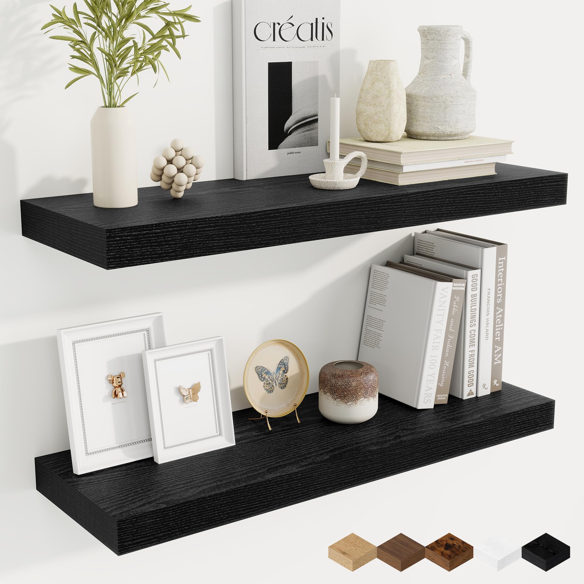 Fun Memories Floating Shelves for Wall, 76cm Rustic Wood Wall Mounted Shelves for Bathroom, Bedroom, Kitchen, Living Room, Deep Floating Shelves for Storage & Home Decor (Black, Set of 2)