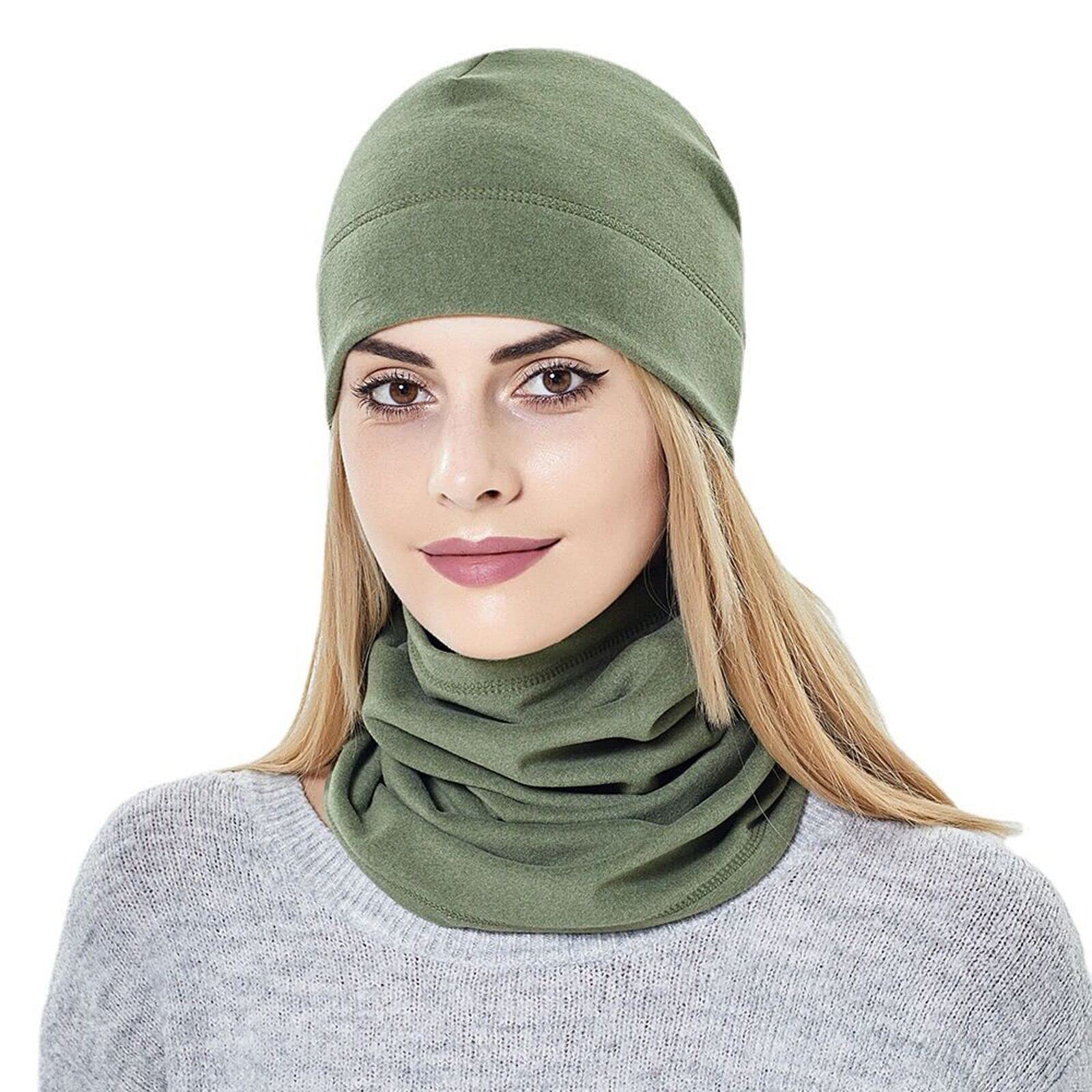 Micoop Fleece Beanie hat and Neck Warmer Set Light Weight Solid Color Skull Cap Scarf Mask for Men and Women (Military Green)
