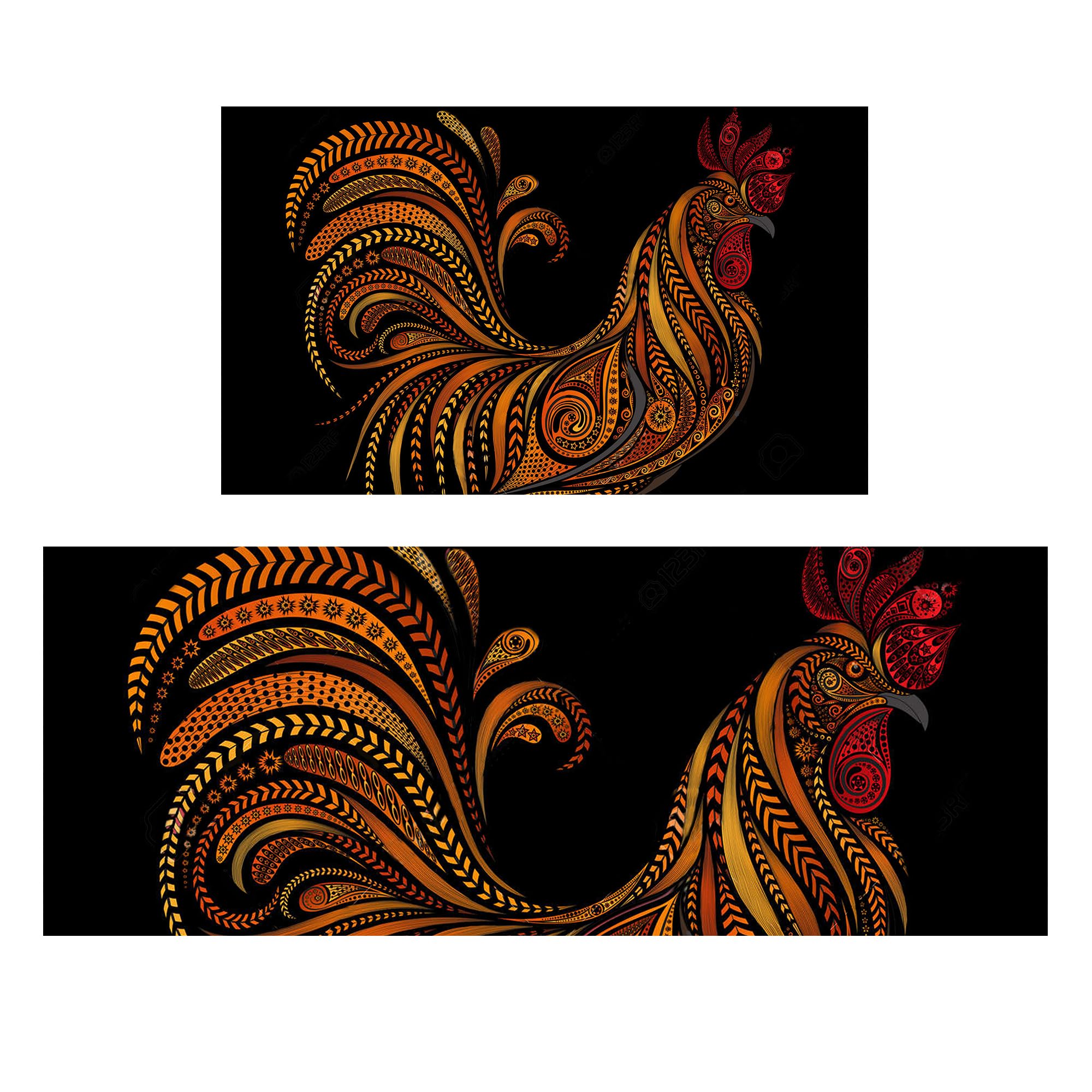 Linen Geometric Rooster Kitchen Rugs and Mats for Floor 2 Piece Sets, Farmhouse Rooster Kitchen Rug, Black Chicken Kitchen Mat in Front of Sink for