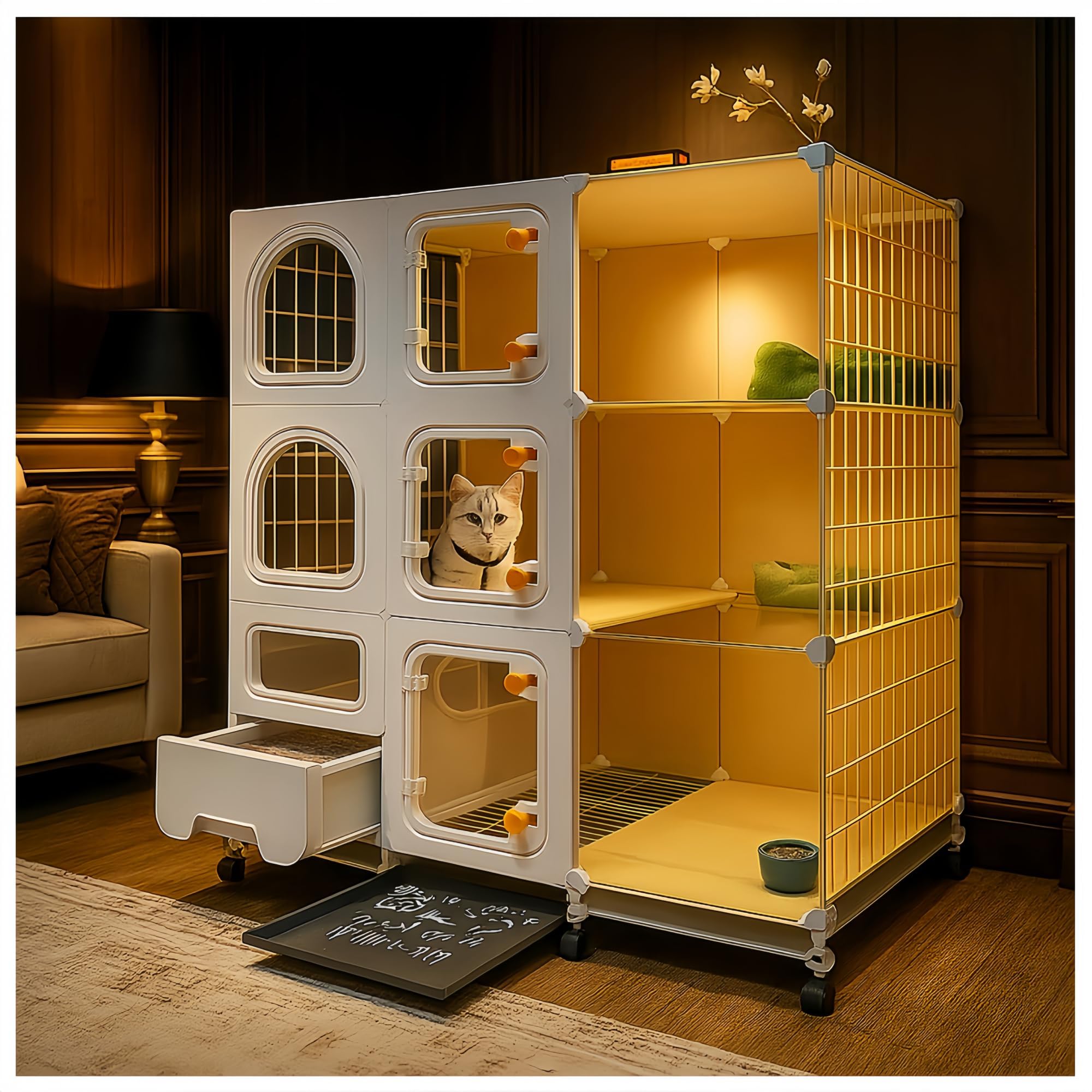 Photo 1 of [Missing Building Instructions] Cat Cage Indoor with Litter Box, Complimentary Bed, Bowl, Cleaning Three Piece Set, Large Cat Enclosure, Cat House with Wheels Outdoor, Small Animal Cage Cat Kennel, White, 41.8(L) x 18.1(W) x 46.1(H)