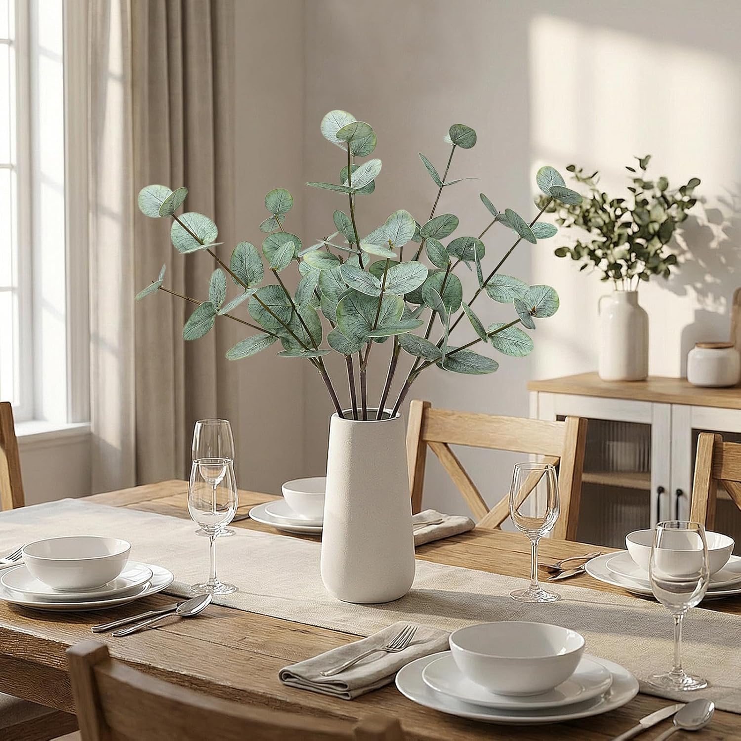 Eucalyptus Stems in Vase, Artificial Eucalyptus with Ceramic Vase Fake Leaves Plant Faux Greenery for Bathroom Farmhouse Desktop Coffee Table Home Office Decor