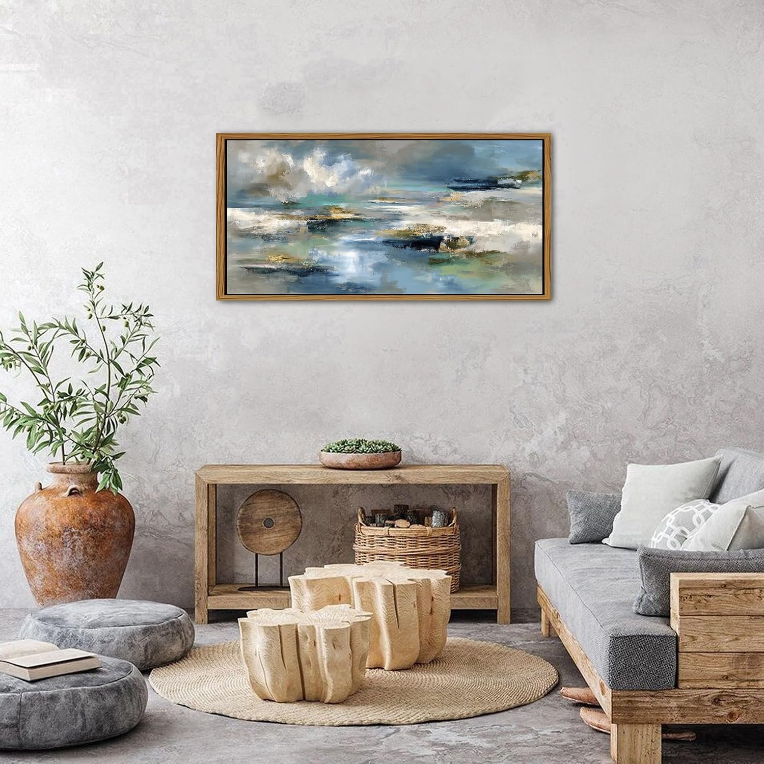 Abstract Framed Canvas Wall Art Modern Abstract Ocean Wall Decor Abstract Blue Green Seascape Painting with Gold Accents Coastal Contemporary Artwork Living Room Bathroom Office Home Decoration 20x40