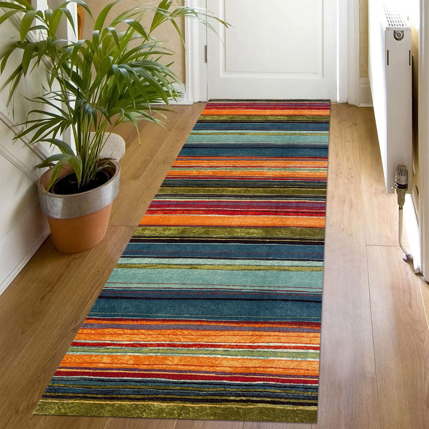 Alfombra de pasillo 90 x 200 cm, color naranja, azul y rojo, antideslizante, lavable, por metros, alfombra de cocina, lavable, para pasillo, salón, cocina, dormitorio, salón, pasillo