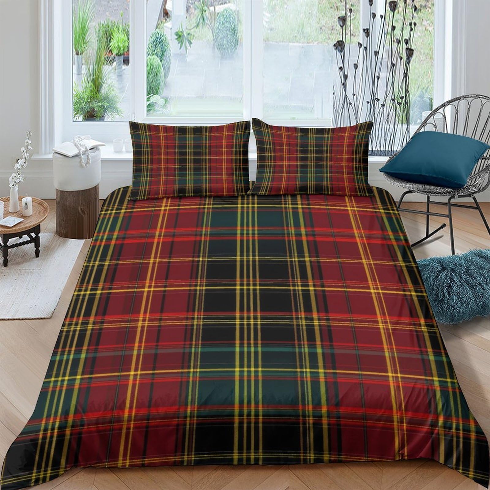 GPLZQXKJNH 3D Printed Red Green Tartan Duvet Cover Microfiber Soft Plaid Bedding Set with 2 Pillowcases for Bedroom Decor Single（135x200cm）