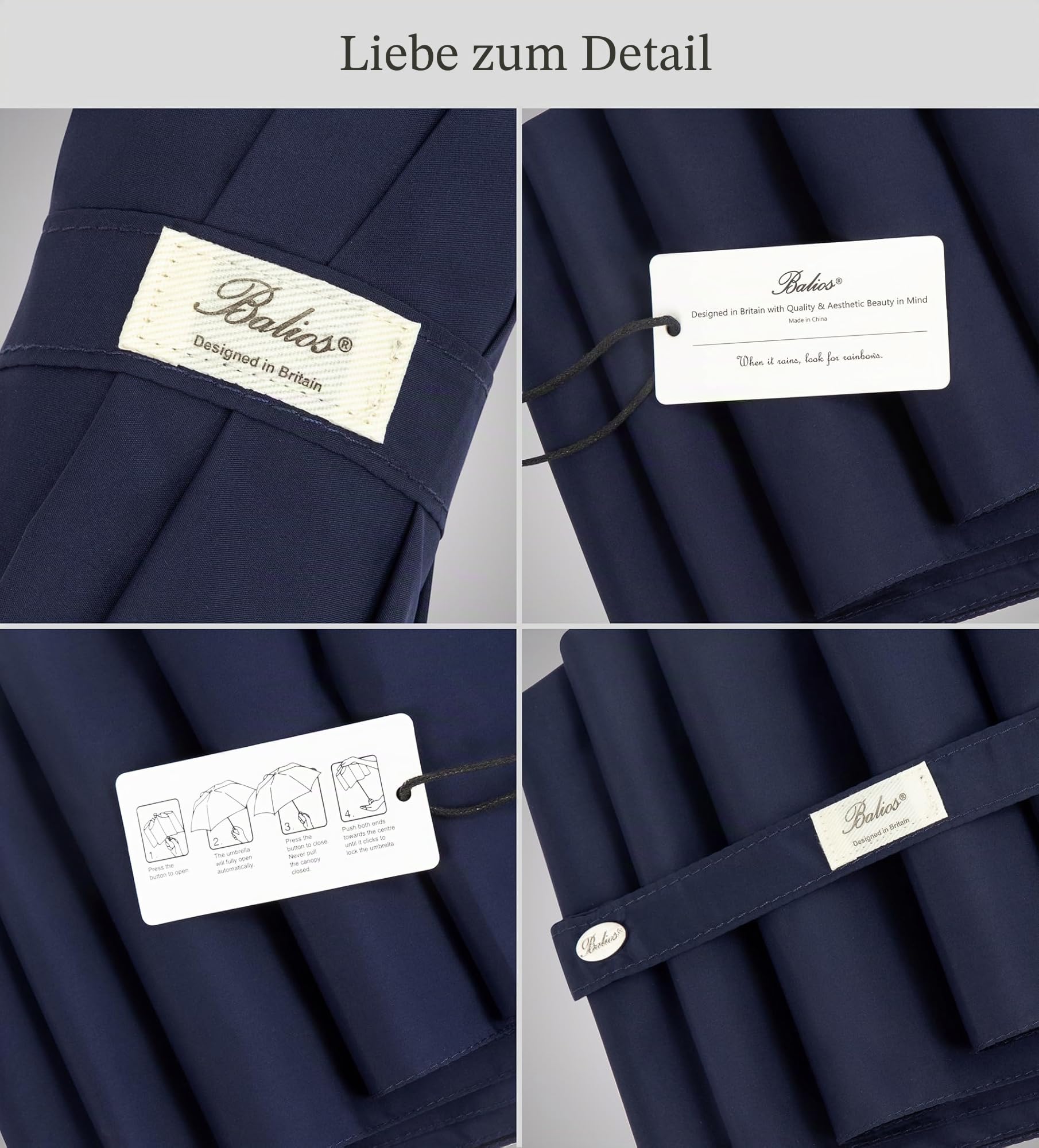 Balios® Regenschirm Mit Echtem Holzgriff -Optional | Auf Zu Automatik | Sturmfest & Windsicher | Taschenschirm Für Herren & Damen (Designed in Britain) (Dunkles Marineblau)