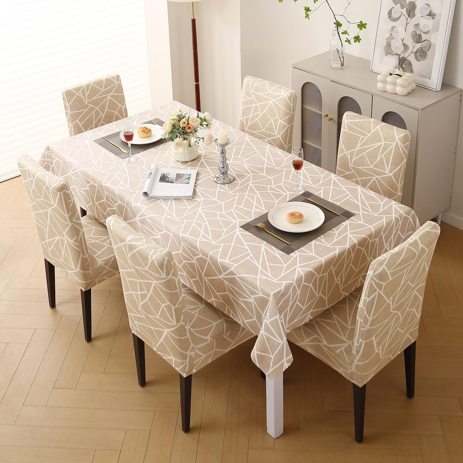 HOKIPO 'Elira Series' Elastic Dining Chair Covers Set of 6 with Matching Tablecloth, Beige Abstract Geometry (NEW-AR-5372-C3)