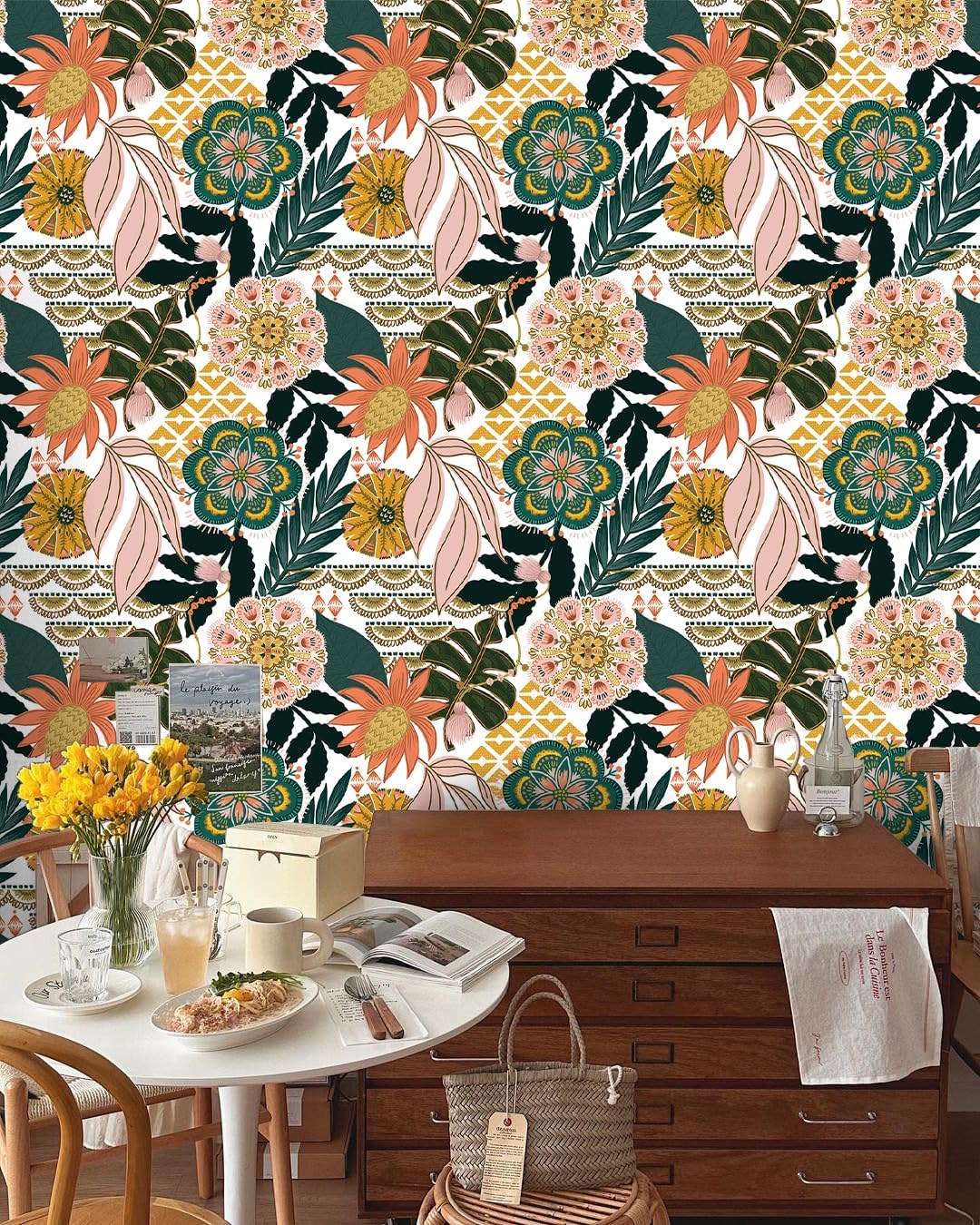 HAOKHOME Boho Peel and Stick Wallpaper Tropical Floral Removable Contact Paper Stick on Wallpaper White/Pink/Green for Accent Wall Living Room17.3in x 32.8ft