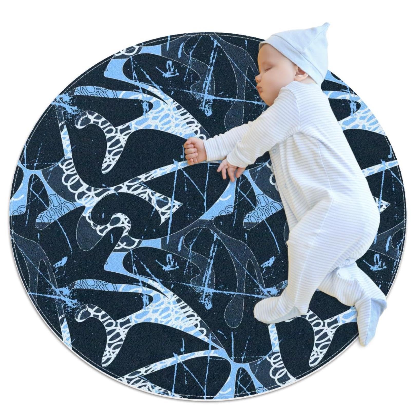 Tapis de salle de bain rond 1m avec motif camomille et vagues
