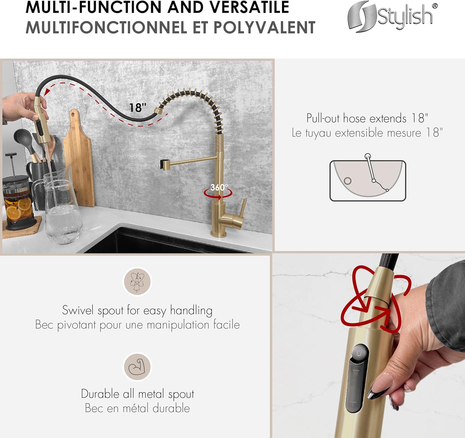 Stylish Kitchen Faucet with Pull Down Sprayer Single Handle Stainless Steel Dual Function Sprayer Commercial Faucet with Ceramic Disc Cartridge and Aerator Brushed Gold, K-107GR