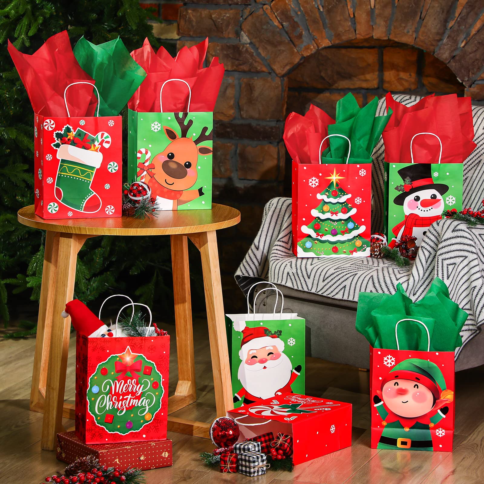 Censen 24 bolsas medianas de regalo de Navidad con papel de seda, bolsas de regalo de papel kraft con asa a granel para envolver regalos de Navidad, suministros de fiesta de vacaciones, 10 x 8 x 4