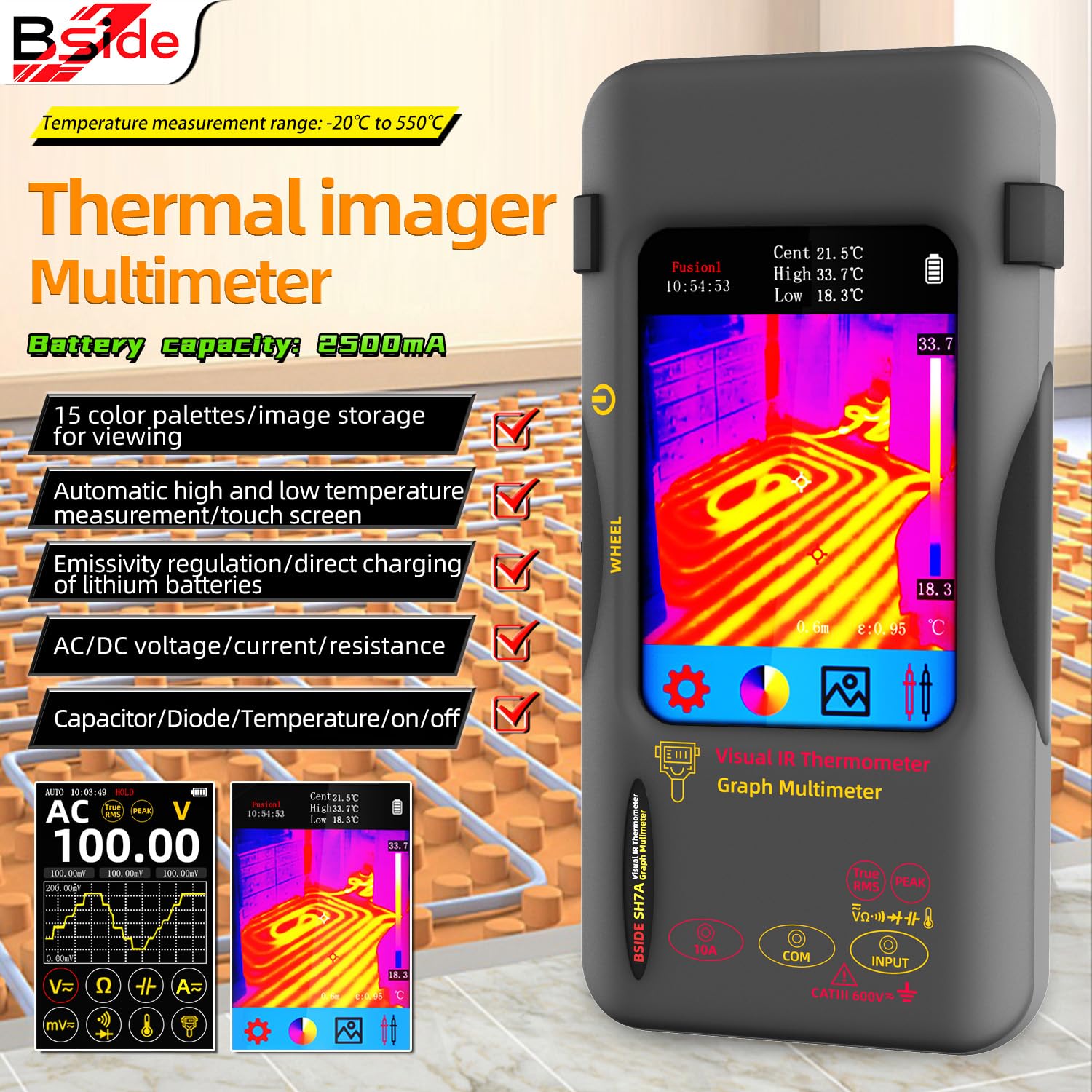 BSIDE SH7A Thermal Imaging Camera Multimeter with Macro Lens 320×320 Resolution, 20000 Words Multimeter Function 3.98'' Touchscreen Infrared Thermal Camera 15 Thermal Palettes Auto-Ranging Tester