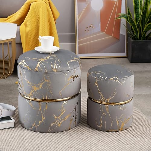 Miniatura 10 de Furniliving Juego de 2 otomanas redondas de almacenamiento, modernas sillas de terciopelo con estampado de lámina de lujo, mesa de café, reposapiés