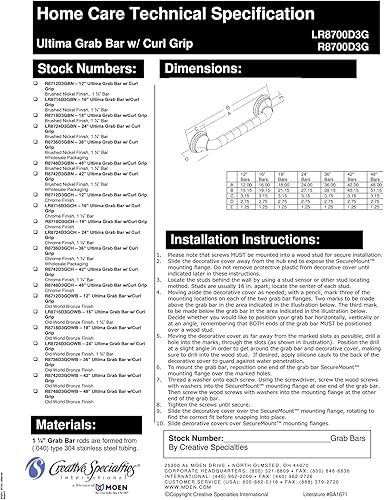 Miniatura 5 de Moen R8712D3GBN Barra de agarre para baño de 12 pulgadas, níquel cepillado con barra de agarre Moen R8718D3GBN de 18 pulgadas, níquel cepillado