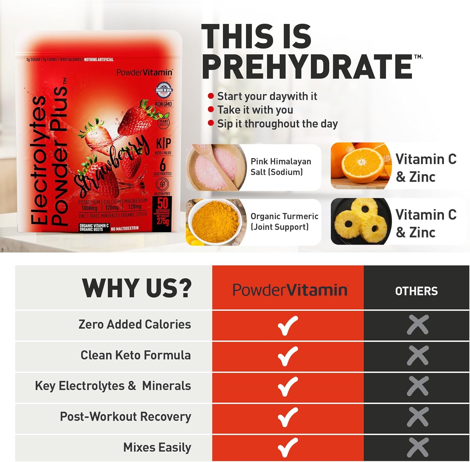 PowderVitamin Electrolytes Powder Plus Keto, Strawberry (50 Servings) 0 Sugar, No Maltodextrin,1000mg Potassium,120mg Calcium,120mg Magnesium,Organic Vitamin C,Zero Calories, Energy Hydration Powder