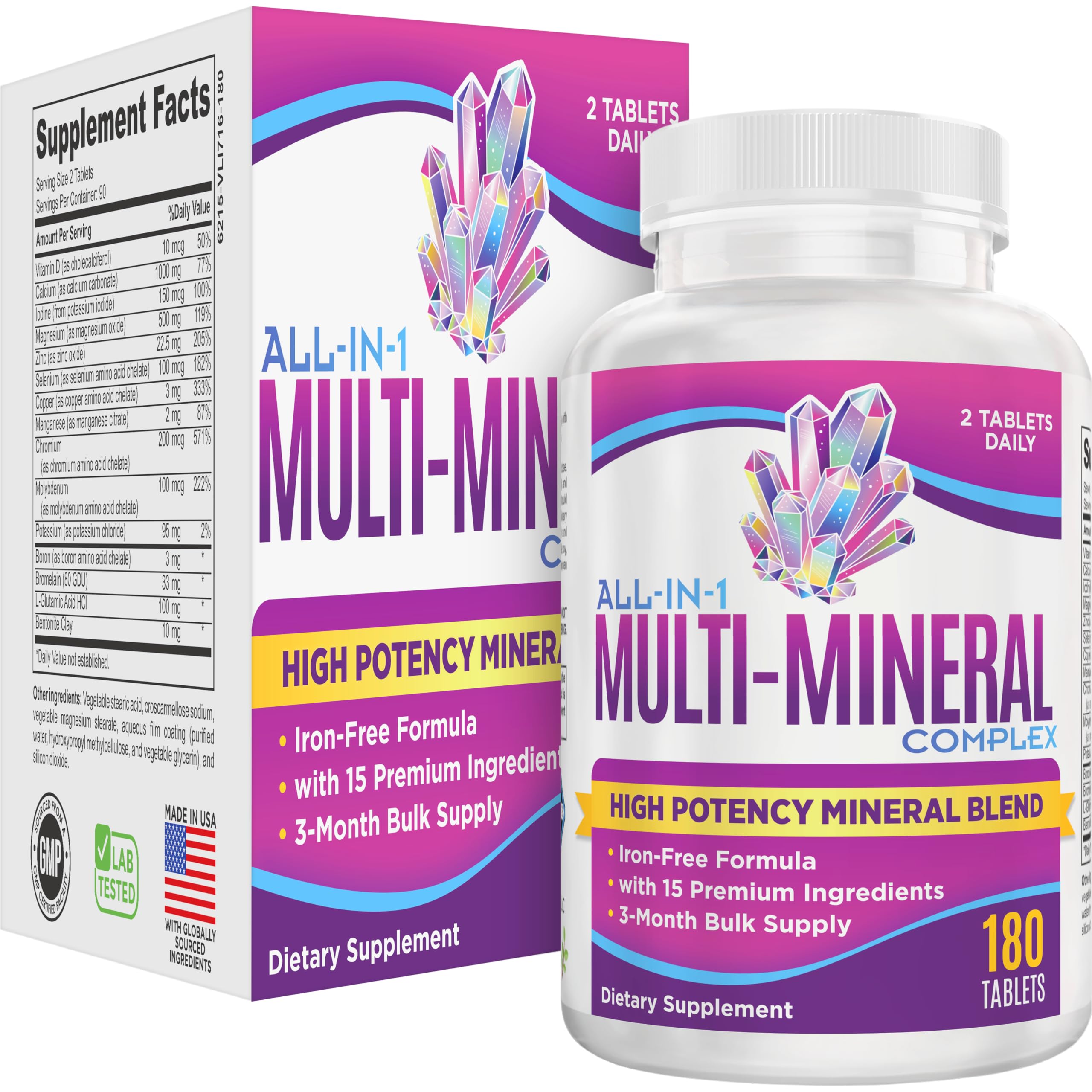 Multimineral Supplement (3-Month) Iron-Free | 15-in-1 Minerals Complex for Men & Women | Daily Nutritional Health Support | Multi-Mineral Supplements | 90-Day Bulk Supply | 180 Tablets