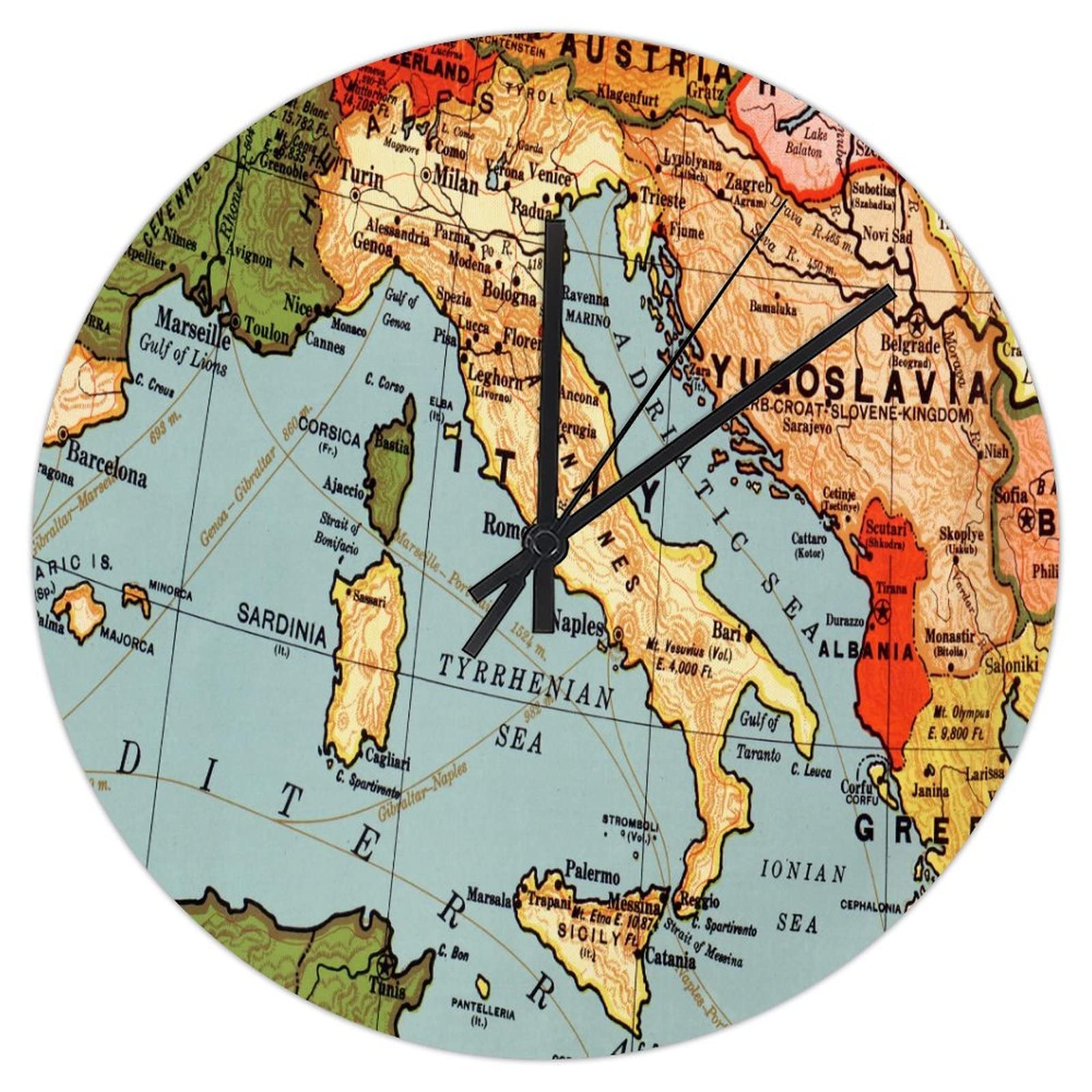 Horloge murale ronde pour chambre calme et silencieuse motif Italie