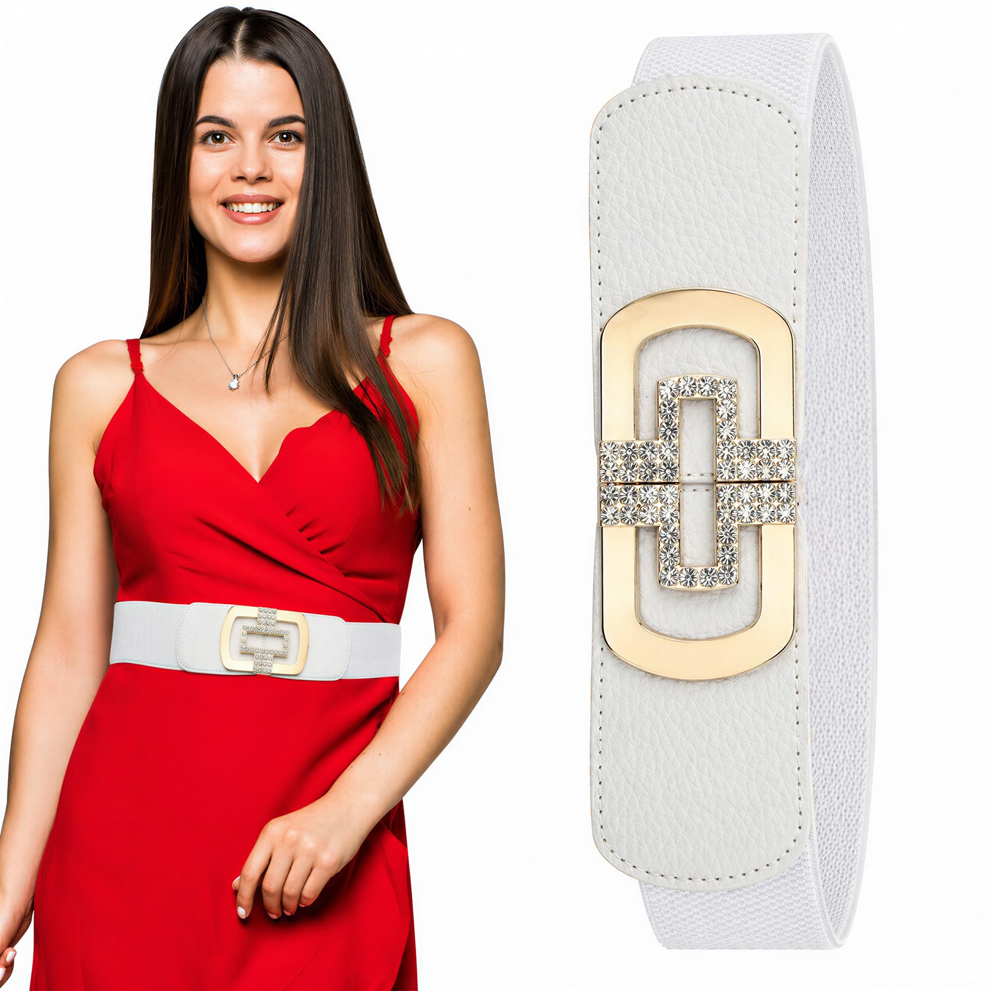 Trimming Shop Women's White ’S Wide Elastic Waist Belt With Diamante Buckle, Stretch Cinch Belt With Pu Leather, 60Mm Retro Waistband For Dresses, Gowns, Wedding & Party Wear, - S