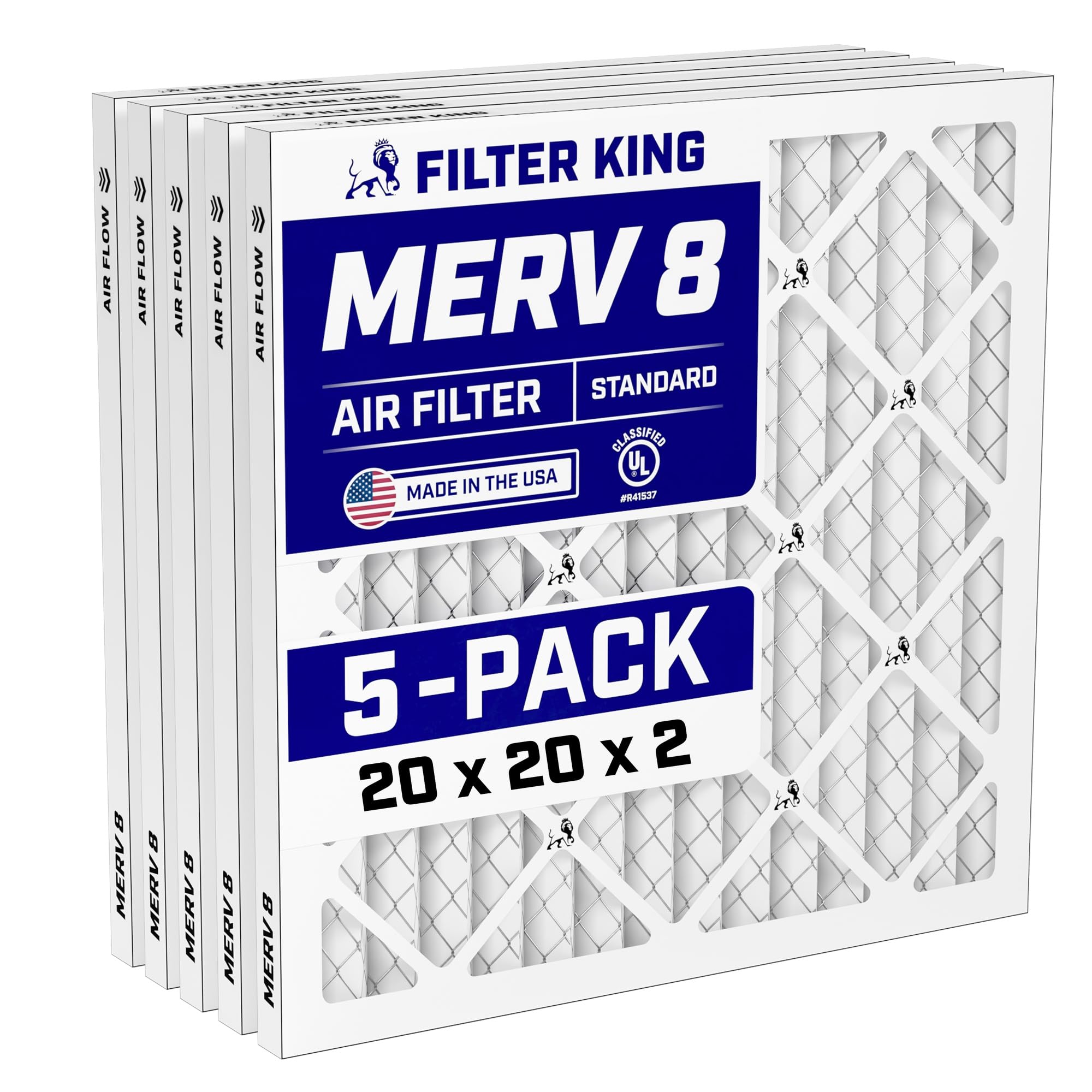 Filter King 20x20x2 Air Filter (MERV 8) (5-Pack) Dust & Allergy Control AC Furnace Filters, MADE IN USA, HVAC, Pleated, Electrostatic (Actual Size: