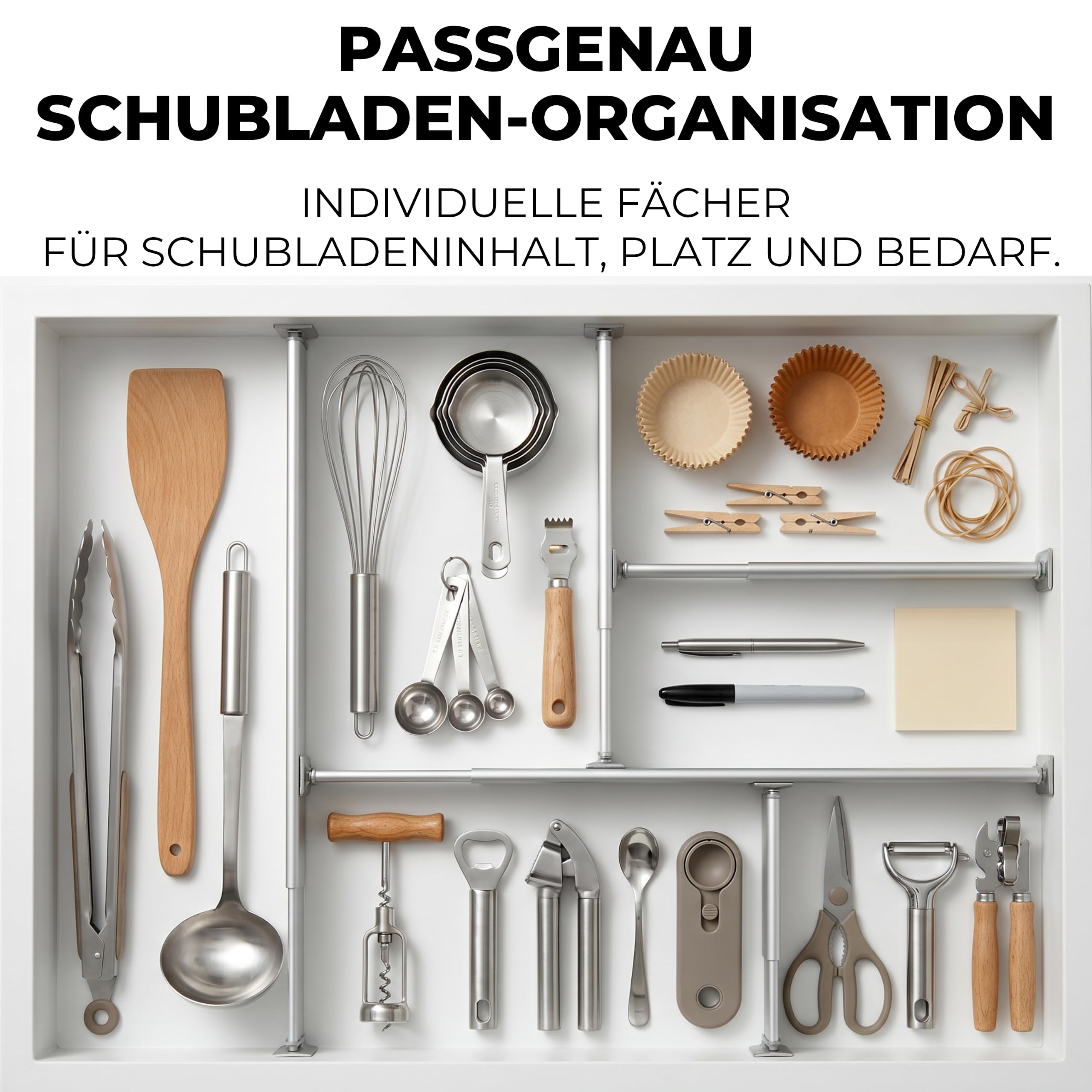 PRACTICAL COMFORT Verstellbare Aluminium-Schubladentrenner, ausziehbare Schubladenteiler, 6 cm hoch, 9-teiliges Set (3 lang + 3 mittel + 3 kurz), für Küche, Bad & Büro, Grau Bürobedarf & Schreibwaren
