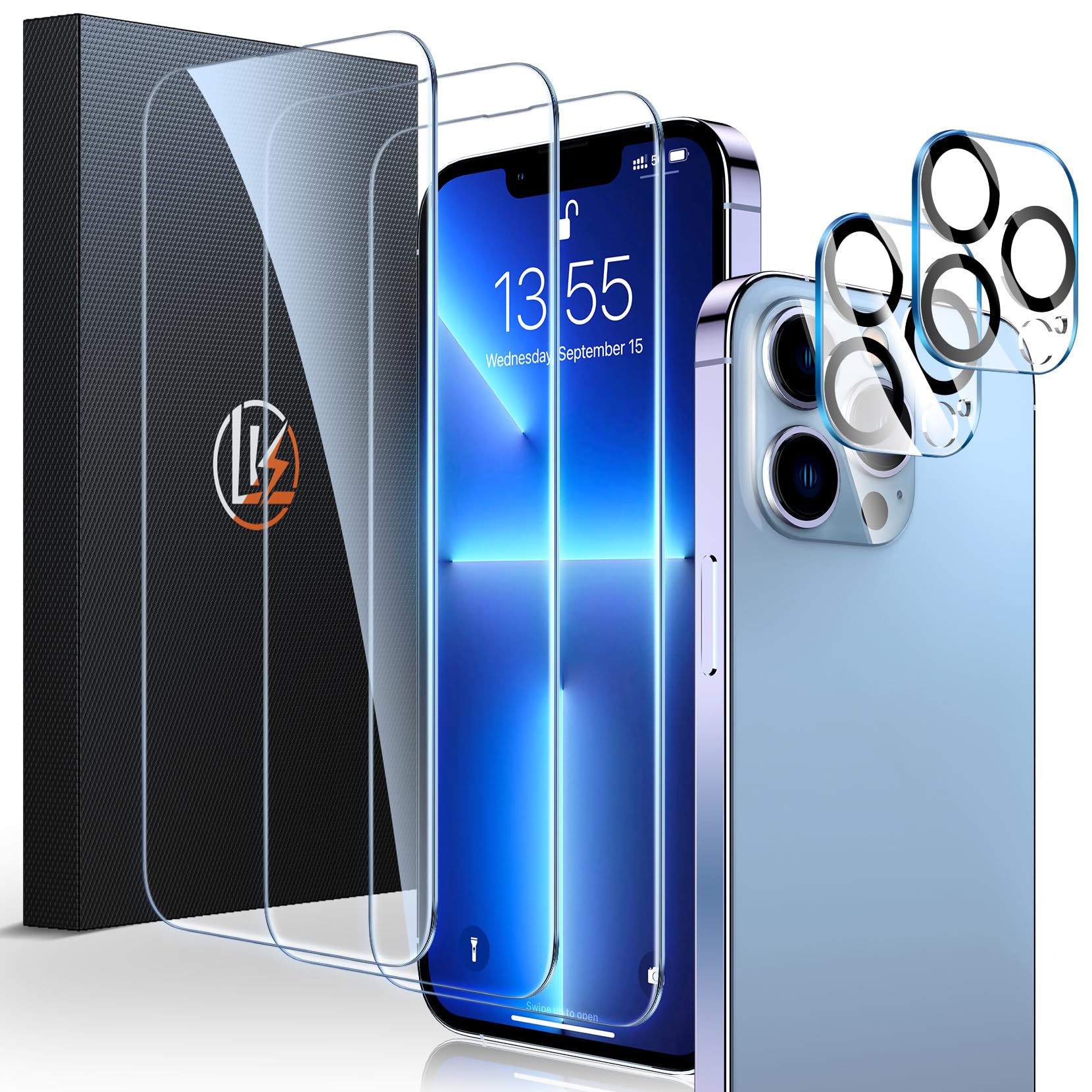 LK [3+2 Stück Panzer Schutz Glas für iPhone 13 Pro Schutzfolie, Rahmen-Installationshilfe, 2 Glasfolie für Kameraschutz, Frei von Kratzern Folie, 9H Härte, HD Ultra-klar