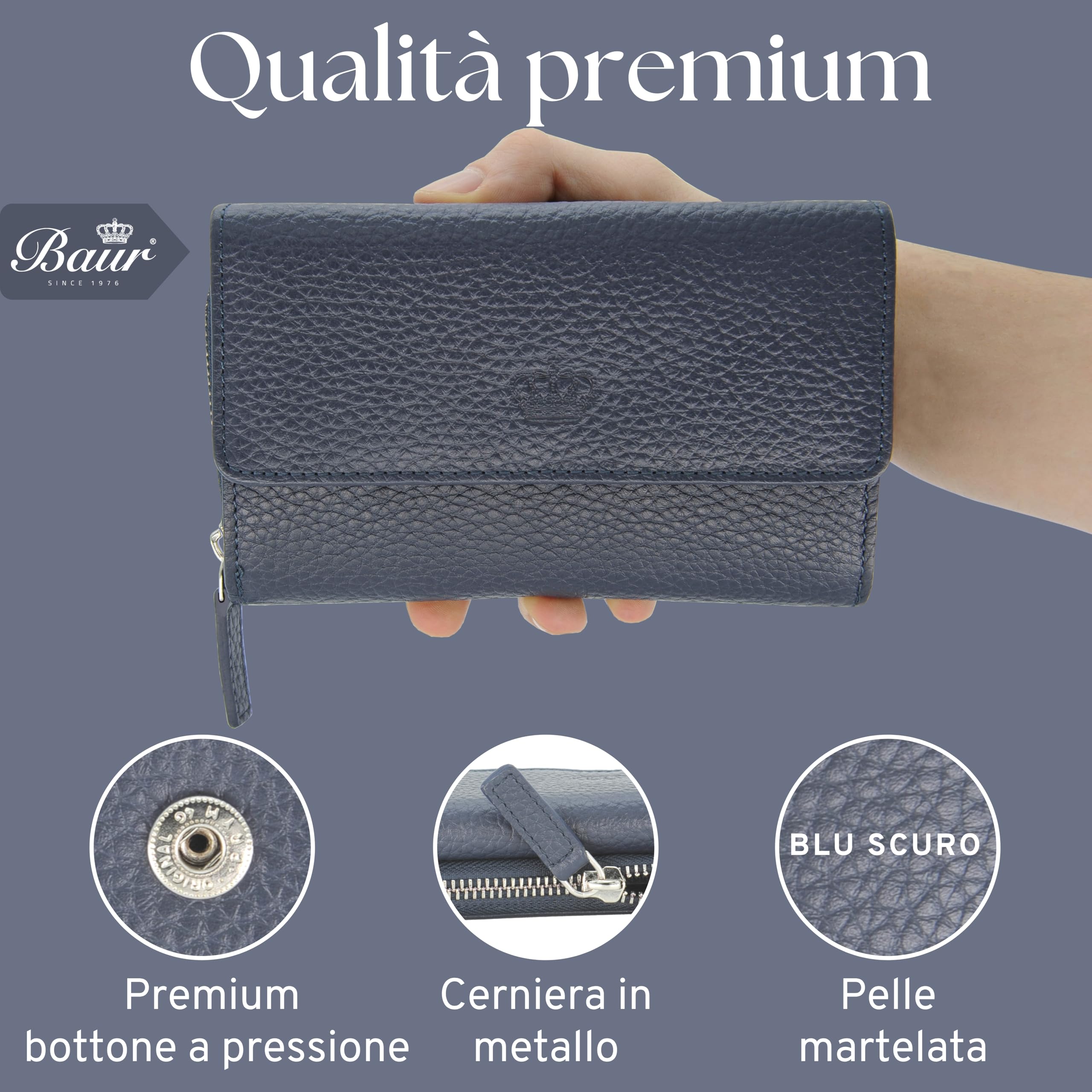 Baur portafoglio da donna – vera pelle con protezione RFID – portafoglio grande con 14 scomparti per carte – chiusura a bottone a pressione & tasca portamonete con cerniera (Blu scuro)