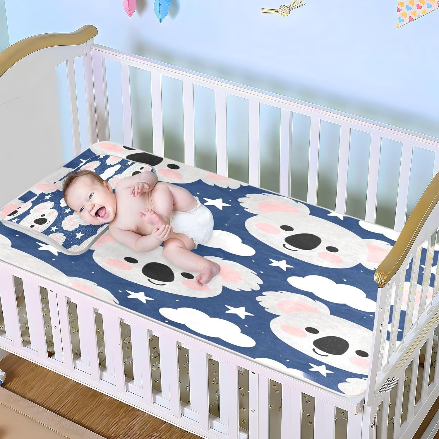Cooling Baby Bed Mattress Protector 28" x 52" Breathable Cartoon Cute Koala Blue Bed Pads Washable for Kids, Adult