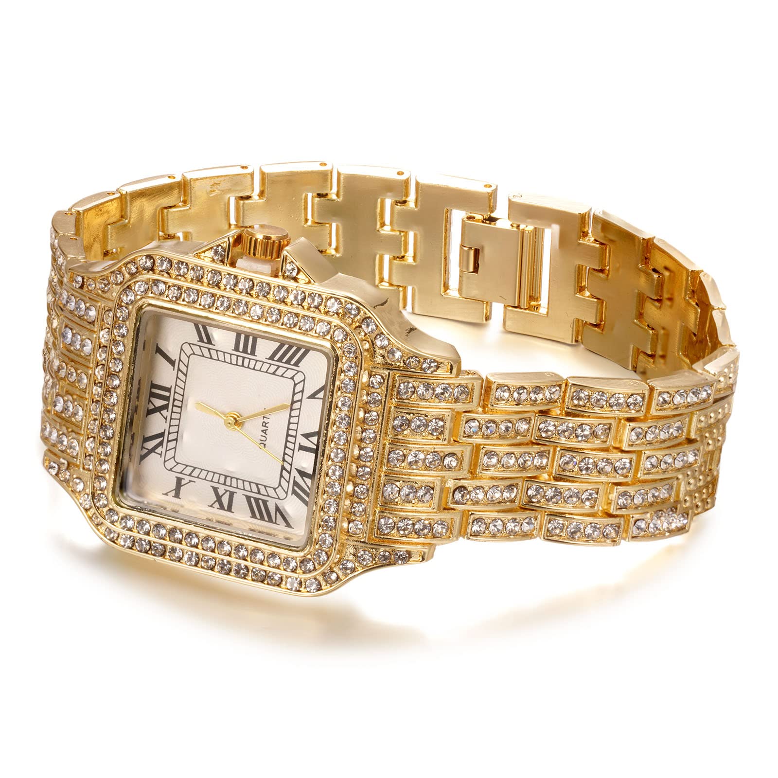 HALUKAKAH Reloj de Oro con Diamantes,Hombre Chapado en Oro de 18 Quilates/Oro Rosa/Oro Blanco Chapado en Platino 33MM Ancho Esfera Cuadrada Cuarzo 20cm con Cadena de Cubanos Collar Pulsera
