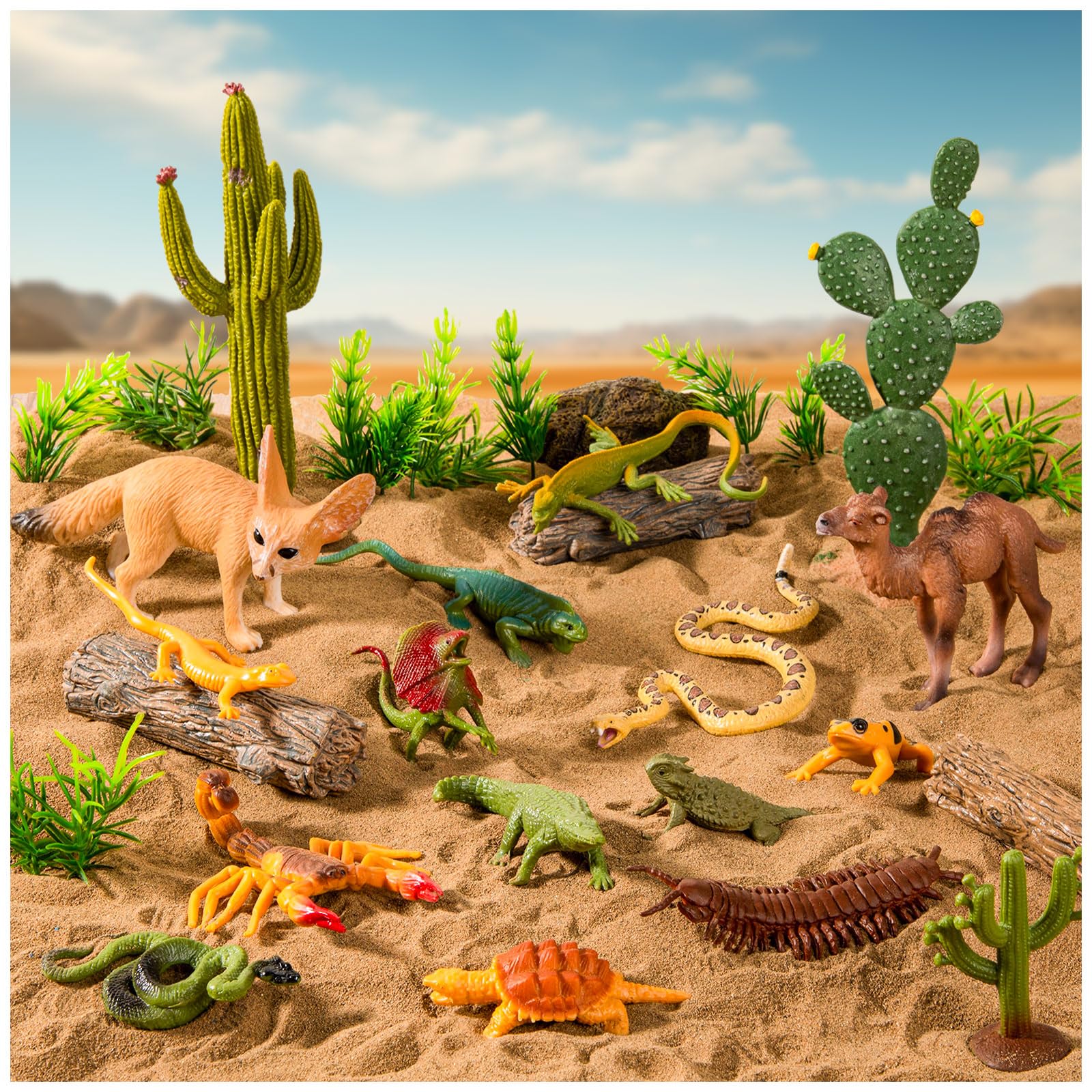 XGHSHW 32 Pcs Desert Reptile Animal Figurines Set, Desert Project Diorama with Camel Fox Rattlesnake Scorpion Lizard Tree Cactus Desert Decor for Kids Cake Toppers Party Favors School Projects