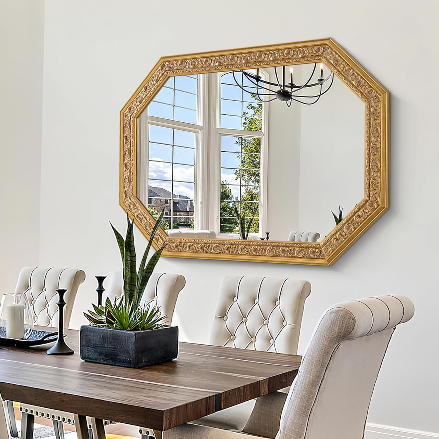 Chende Octagonal Gold Mirror for Wall Decor, 41" L x 29" W Decorative Wall Mirror with Floral Wood Frame, Horizontal/Vertical Hanging, Living Room, Bathroom, Dining Room, Entryway Decor - Image 7